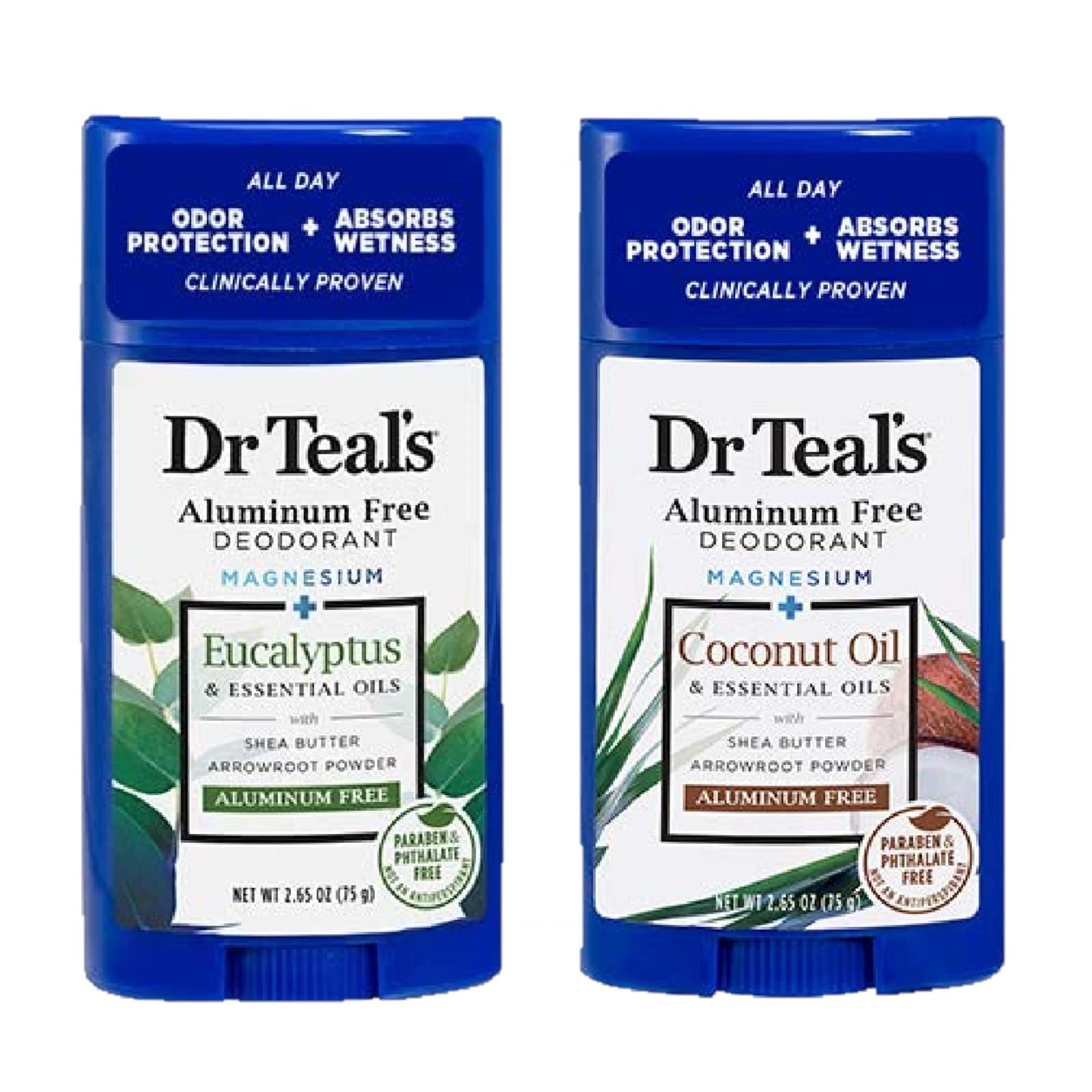Dr Teal's desodorante eucalipto, botella visible, aroma fresco que ayuda a absorber humedad