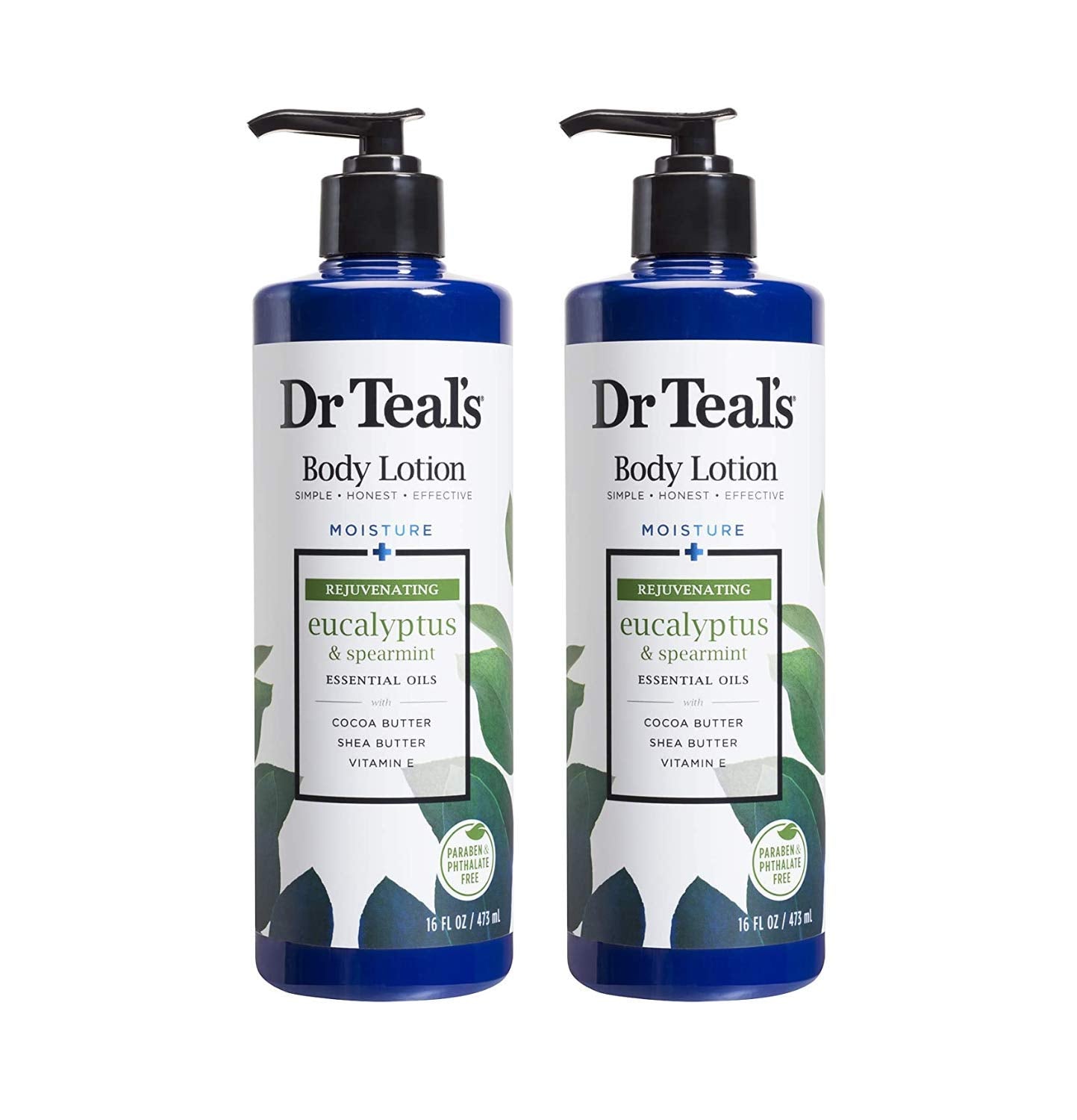 Dr Teal's loción corporal en botella, aroma a eucalipto y menta para hidratar y revitalizar la piel.