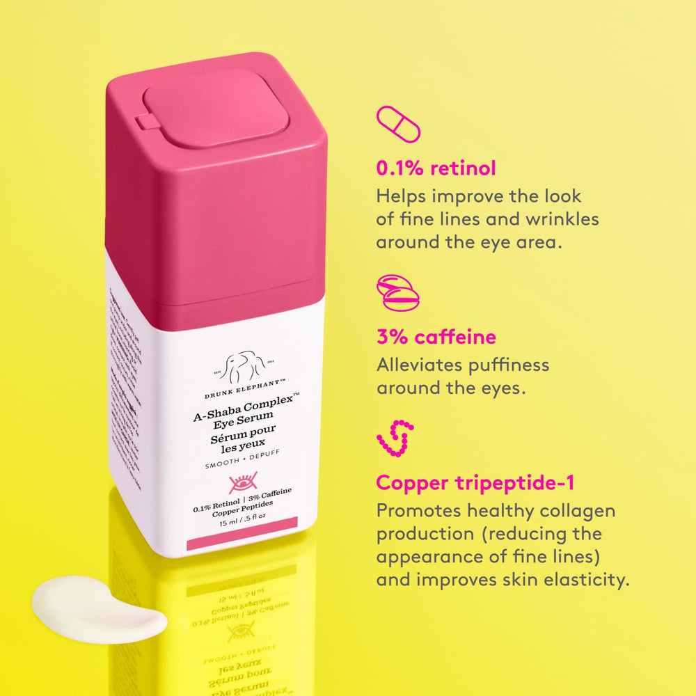Drunk Elephant A‑Shaba Complex, cobre tripeptido‑1, antioxidante para la piel periorbital.