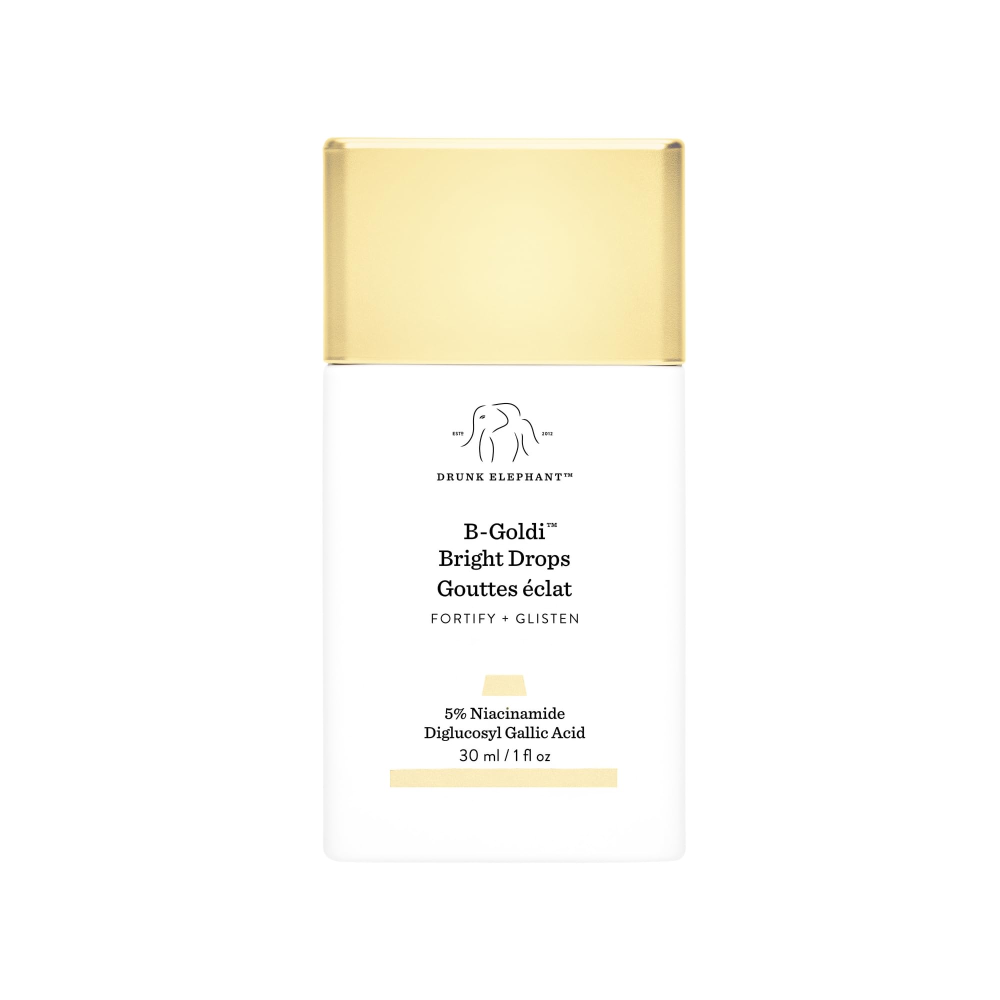 Drunk Elephant B-Goldi Bright Drops en botella con brillo dorado suave para piel radiante.