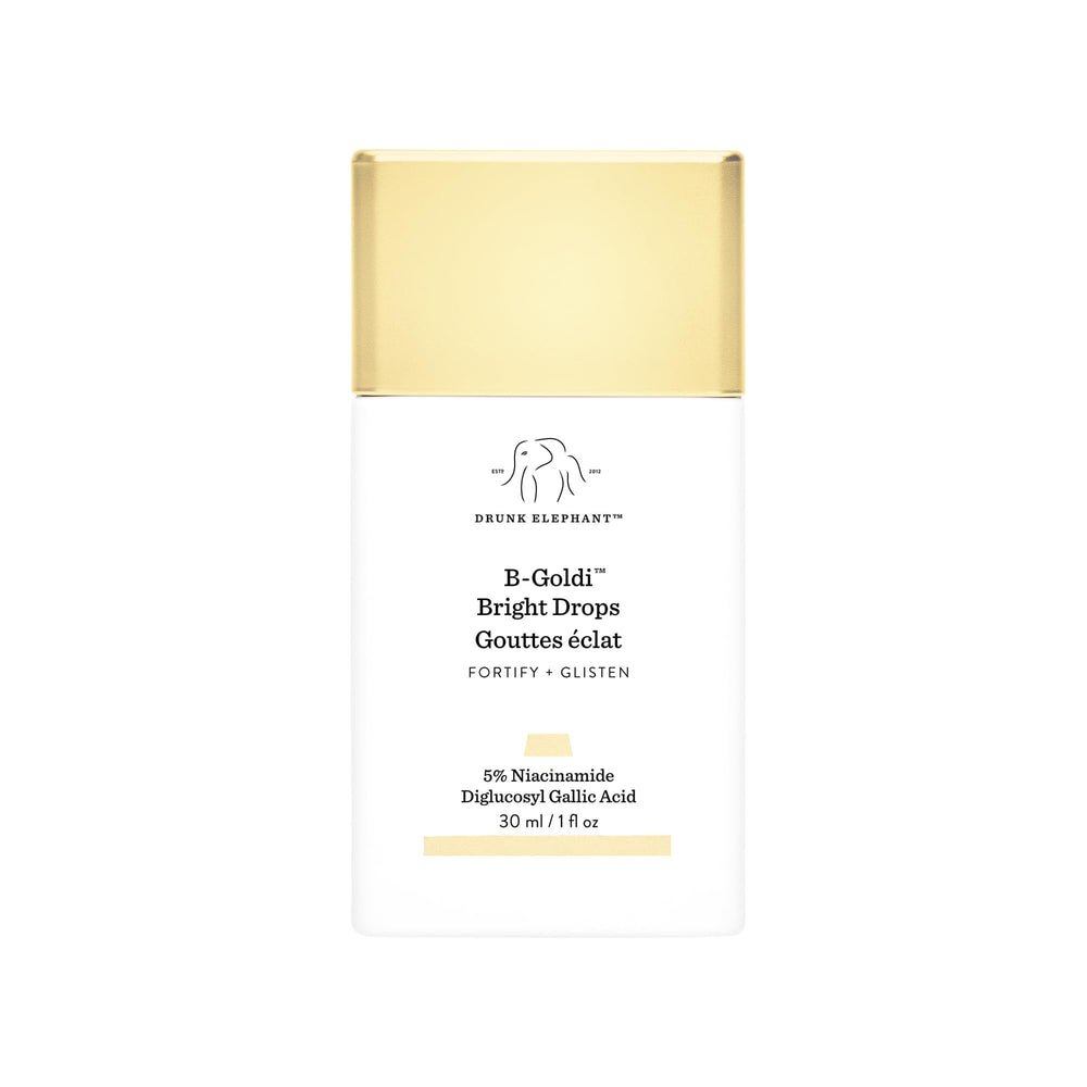 Drunk Elephant B-Goldi Bright Drops en botella con brillo dorado suave para piel radiante.