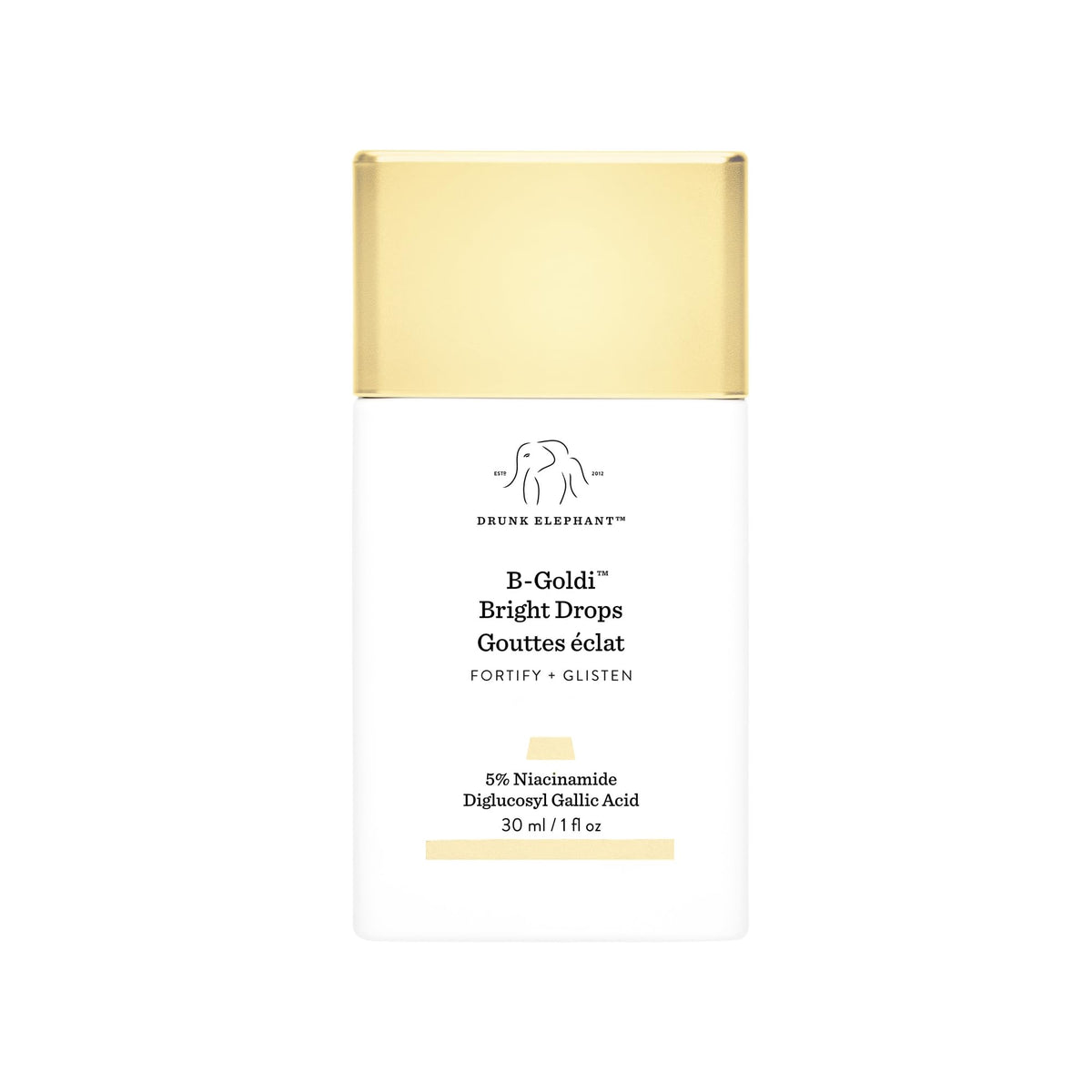 Drunk Elephant B-Goldi Bright Drops en botella con brillo dorado suave para piel radiante.