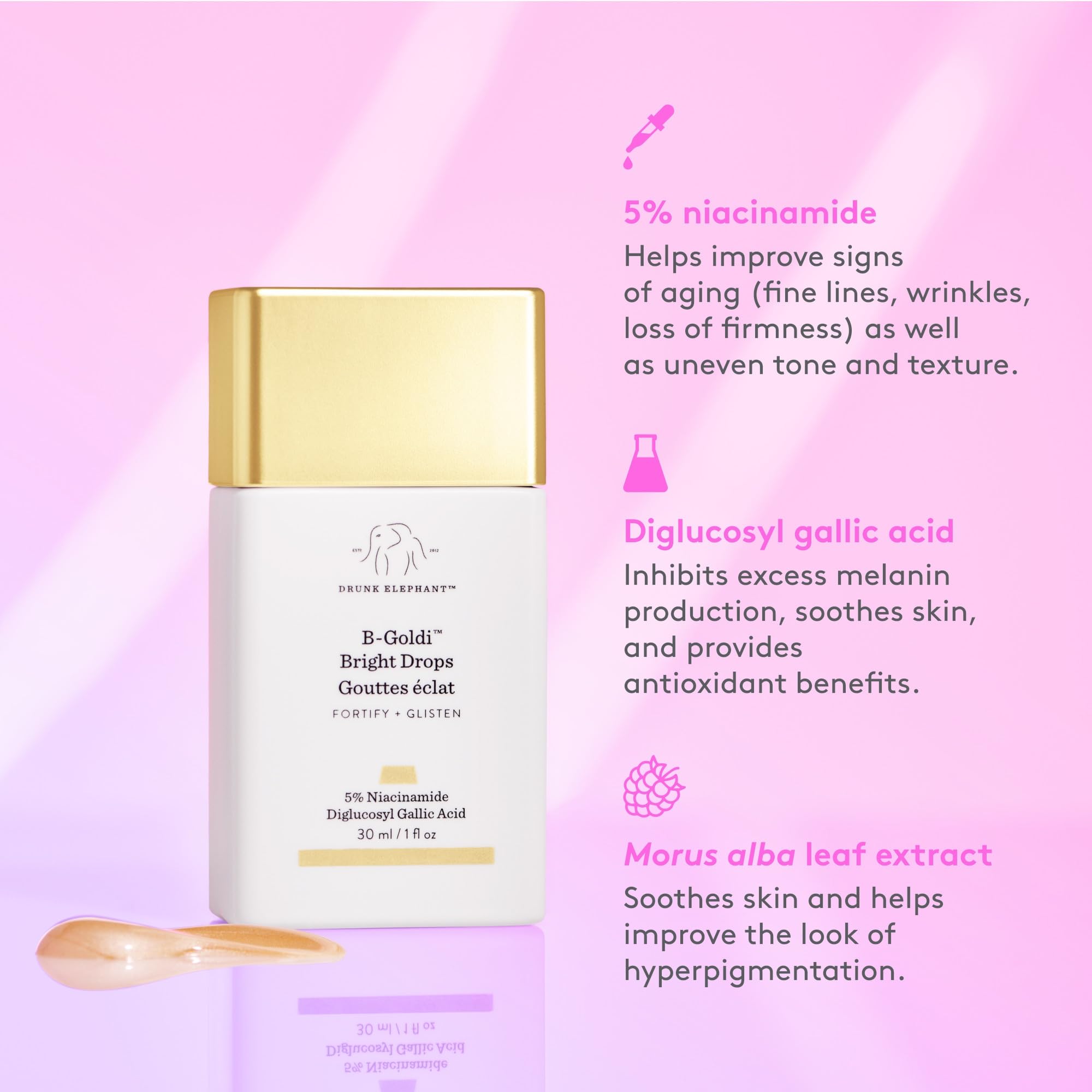 Efecto iluminador suave de Drunk Elephant B-Goldi Bright Drops en la piel.