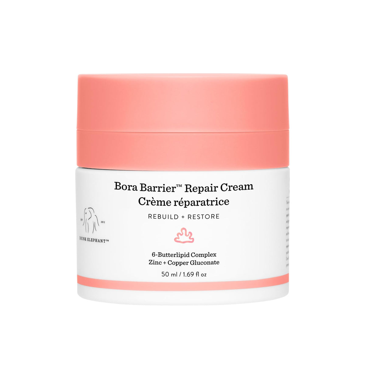 Drunk Elephant Bora Barrier Repair Cream en botella, textura rica para hidratación profunda