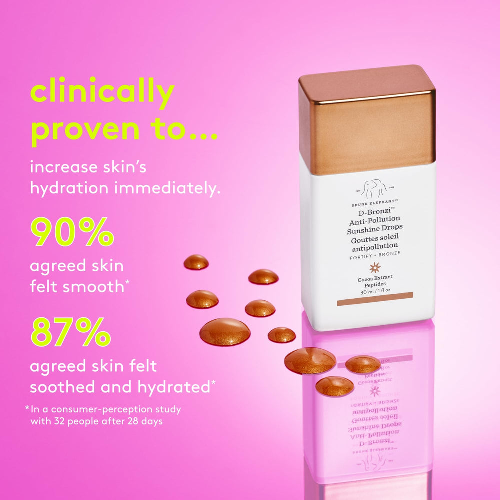 Color bronceado suave de Drunk Elephant D-Bronzi Drops realza tonos de piel.