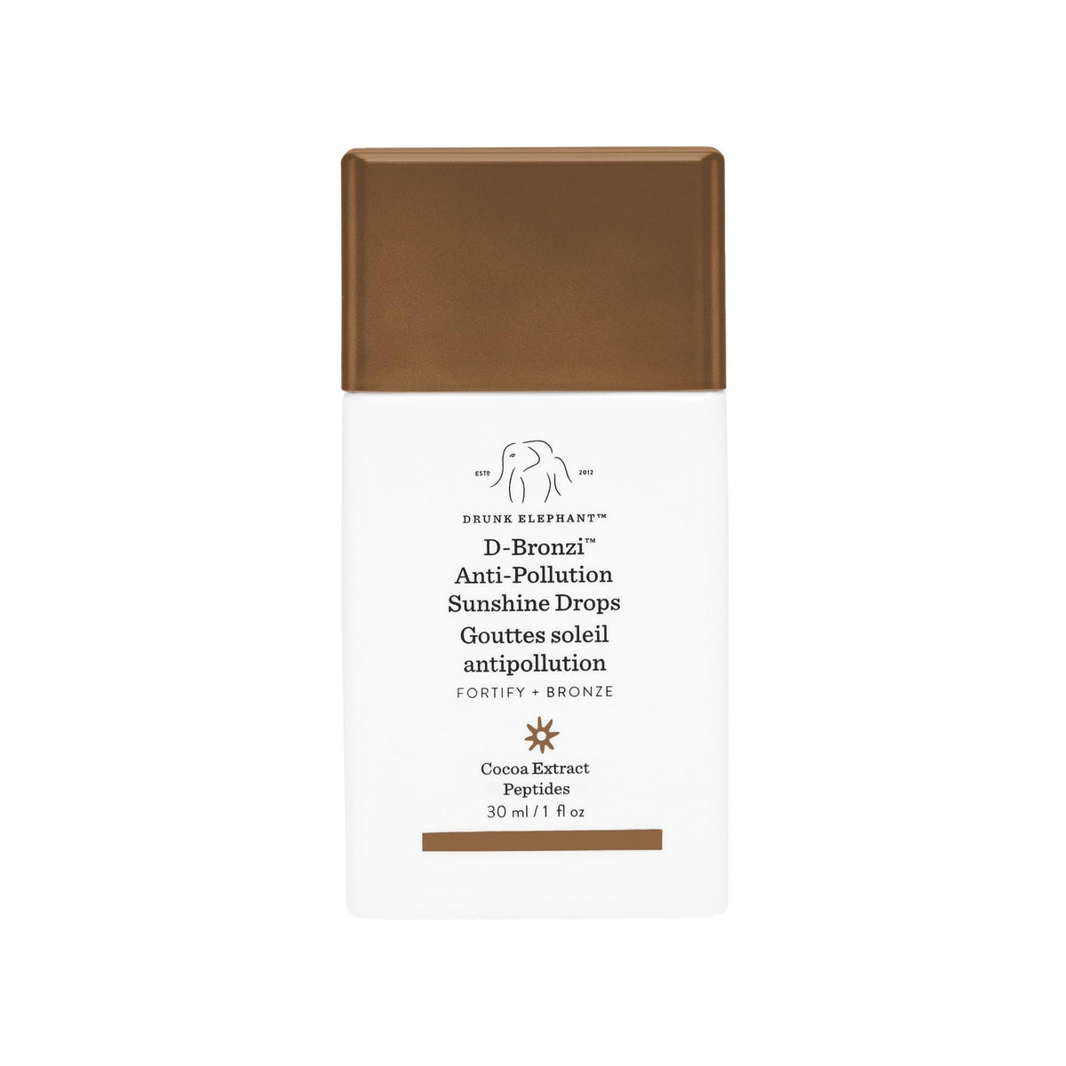 Drunk Elephant D-Bronzi Drops en envase, brillo natural para piel radiante.