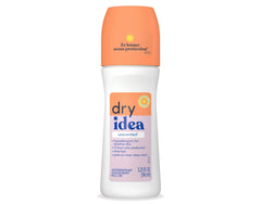 Dry Idea roll-on unscented deodorant bottle label, showcasing convenient three-pack packaging.