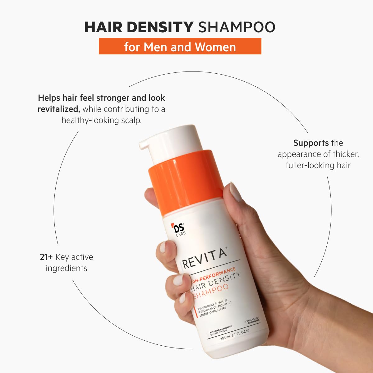 DS Laboratories Revita Shampoo etiqueta frontal, diseño claro y fácil identificación.