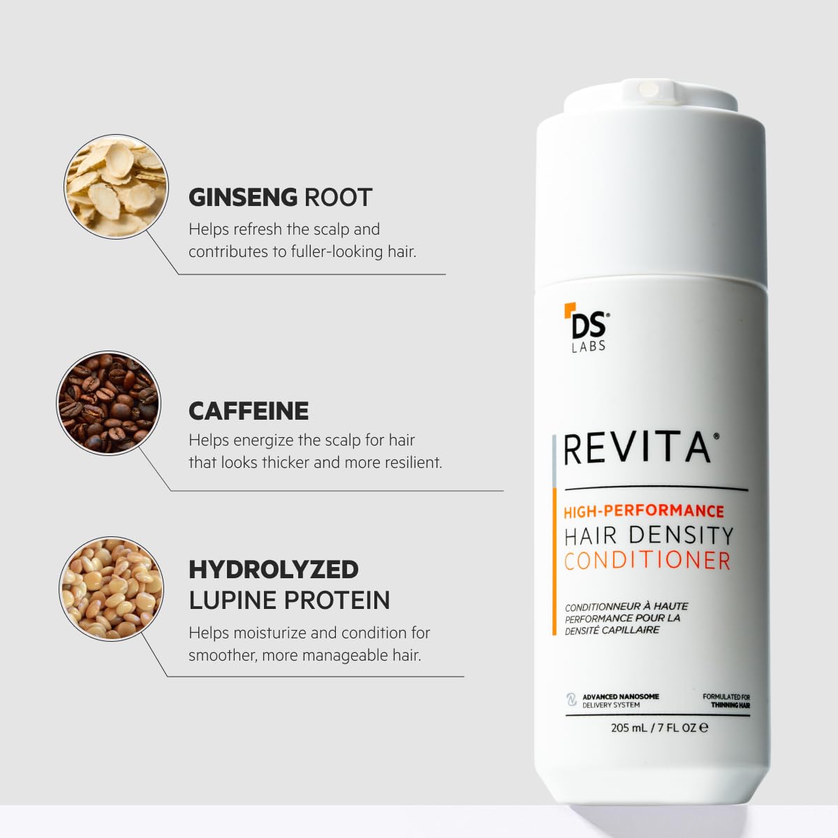 DS Labs Revita acondicionador textura cremosa, fácil de distribuir para cabello suave