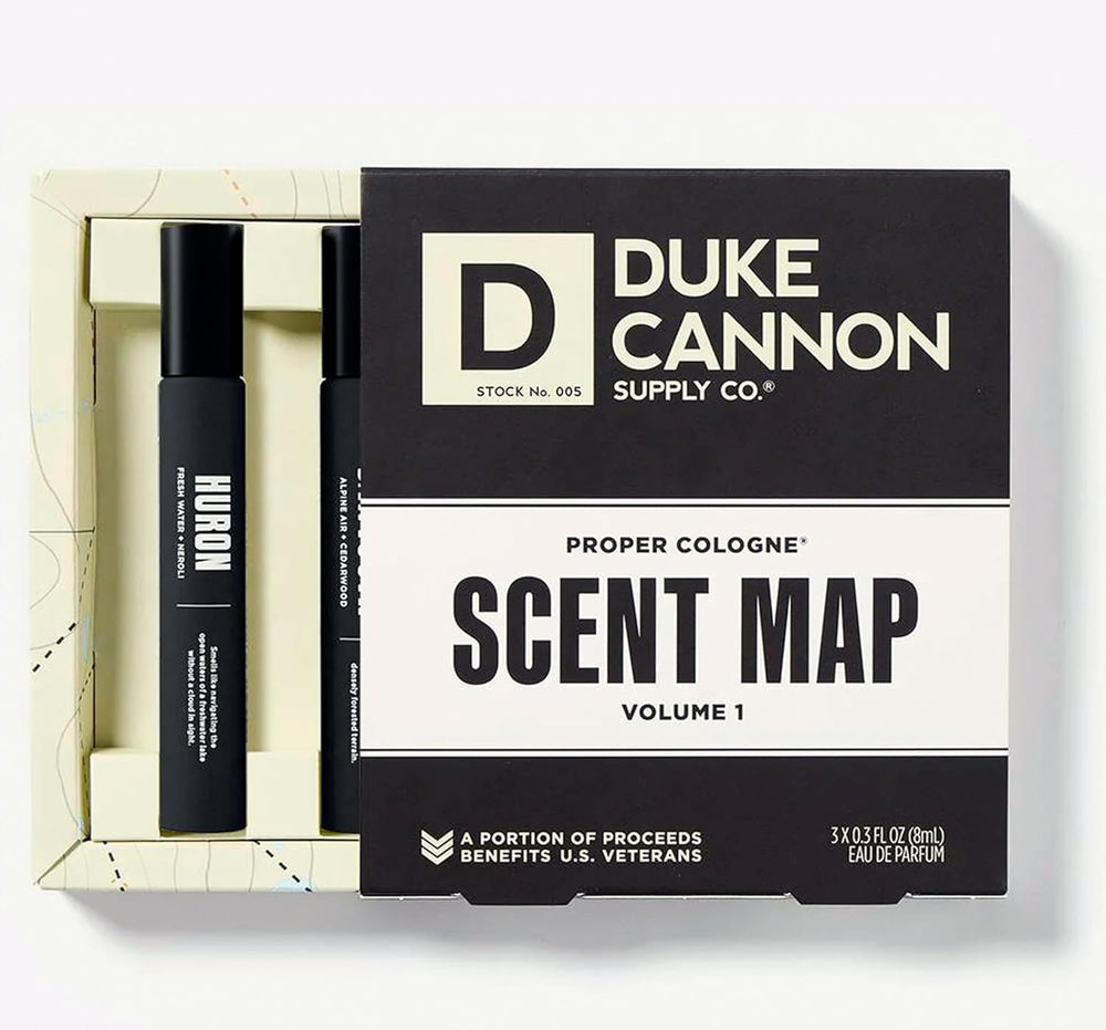 Duke Cannon Proper Cologne Huron bottle close-up, cedar notes for confident evening wear.