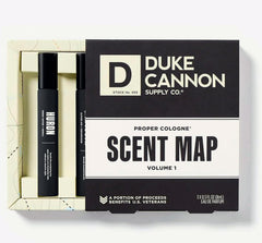 Duke Cannon Proper Cologne Huron bottle close-up, cedar notes for confident evening wear.