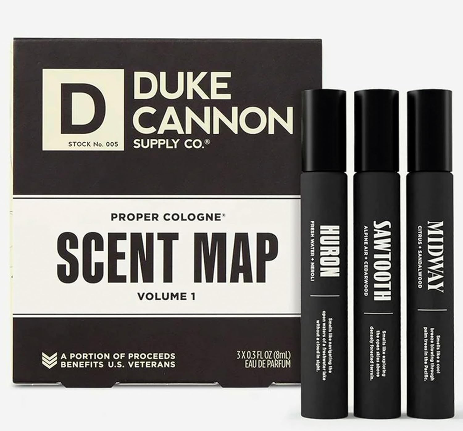 Duke Cannon Proper Cologne Sawtooth bottle on wood shelf, long-lasting woodsy scent.