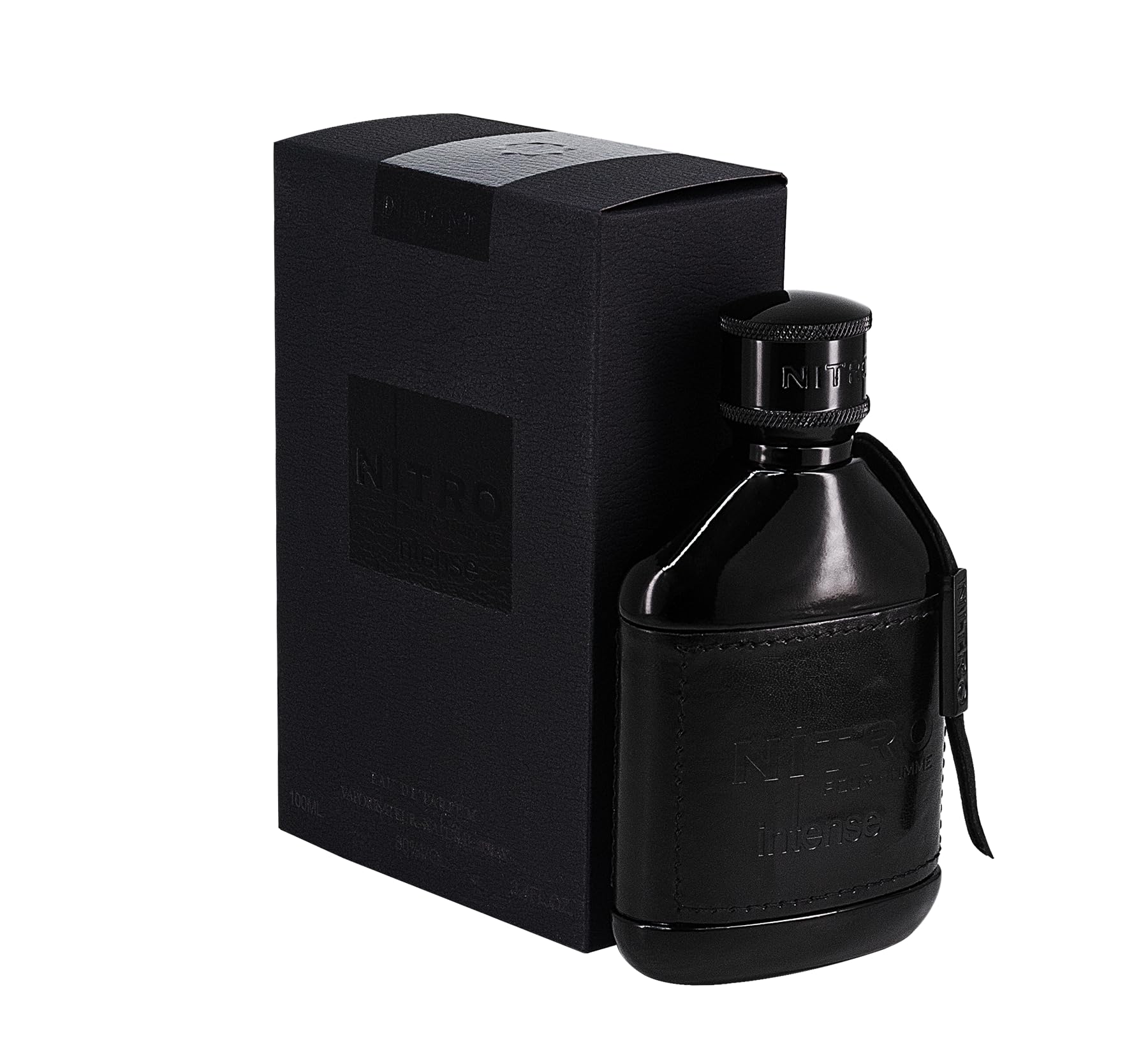 Dumont Nitro Intense, frasco frontal, muestra un diseño audaz para uso nocturno.