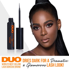 DUO adhesivo tono oscuro se mezcla con pestañas falsas para un look natural.