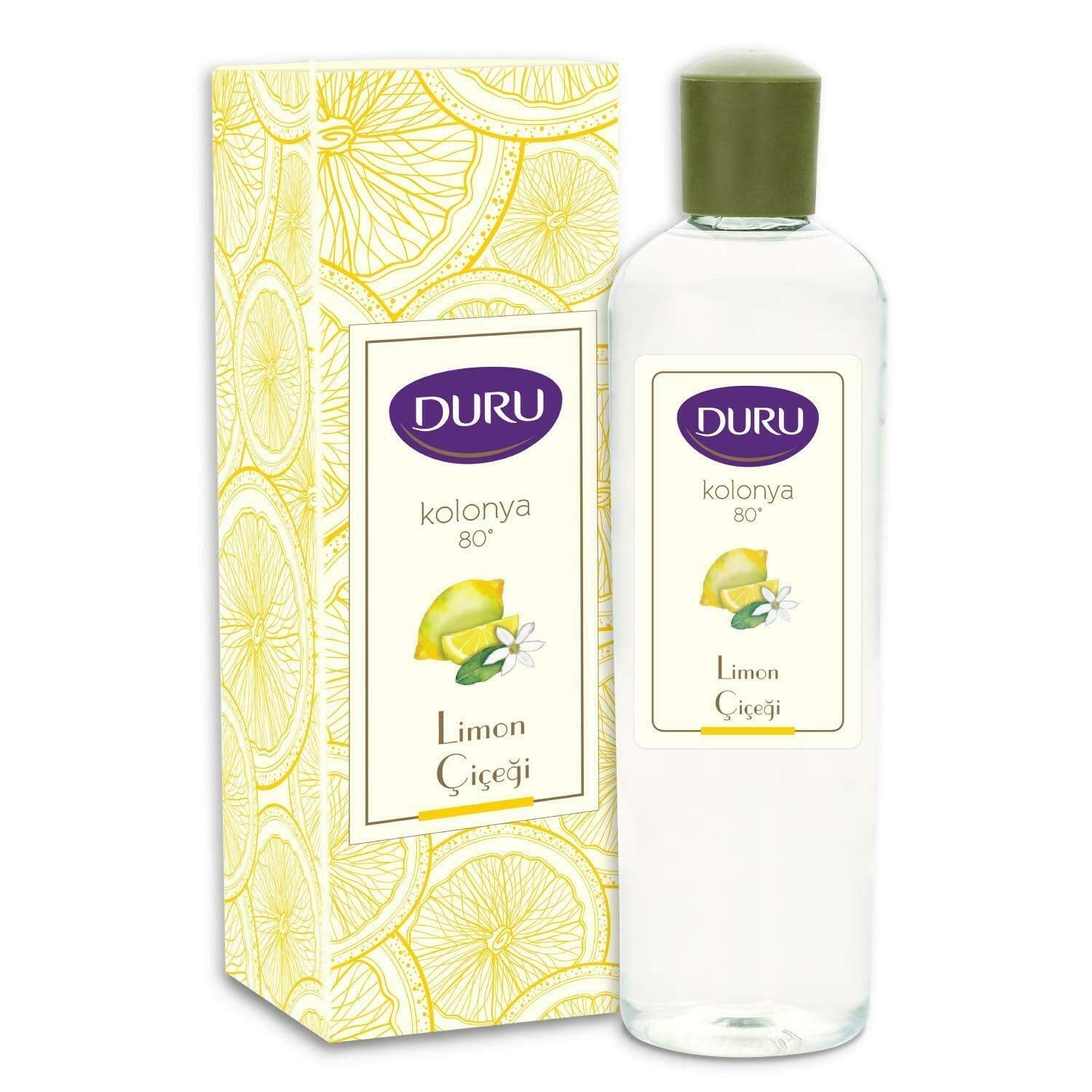 Frasco de colonia de limón de Duru, fragancia cítrica fresca para uso diario.