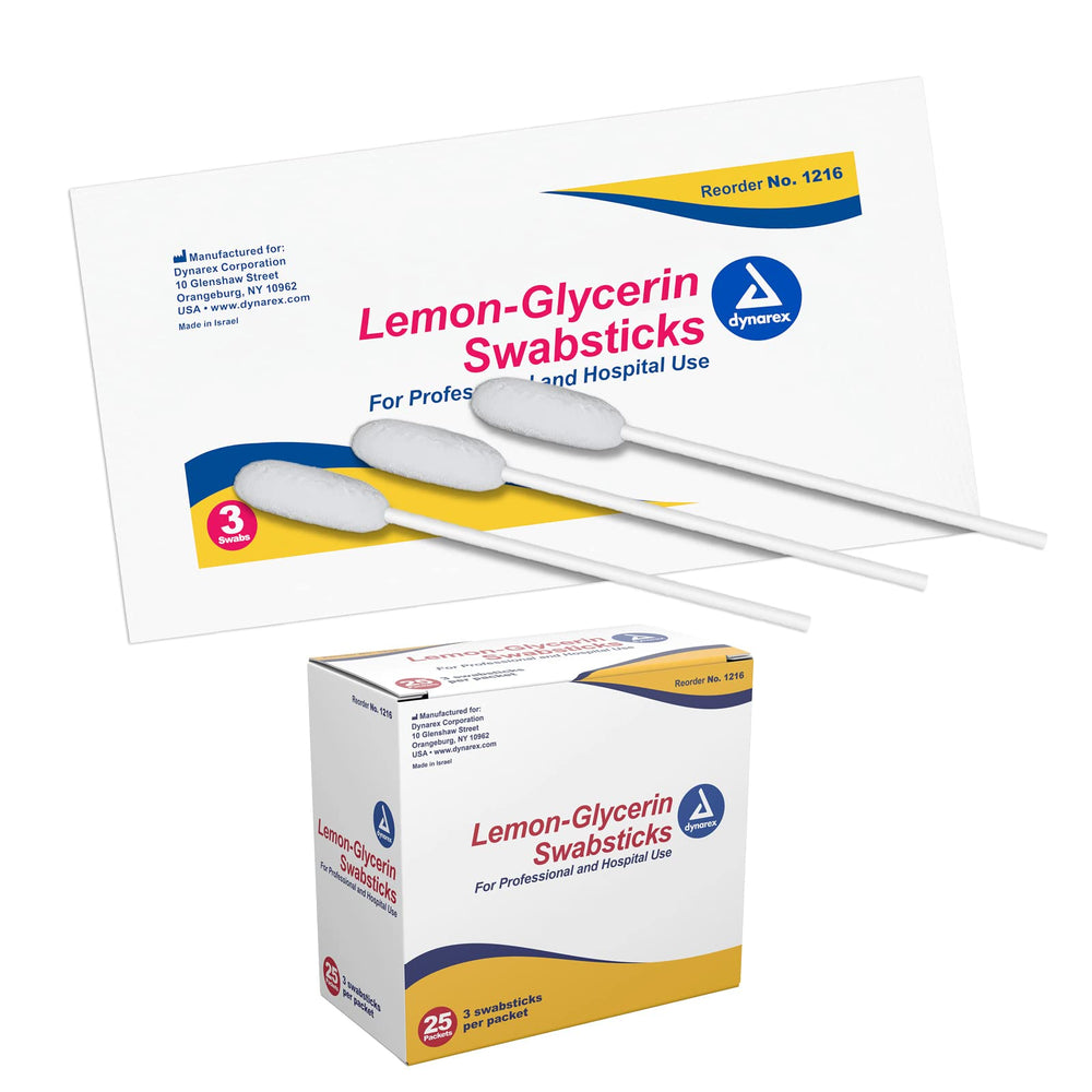 Dynarex palitos limón glicerina en caja, conveniencia para uso clínico diario.