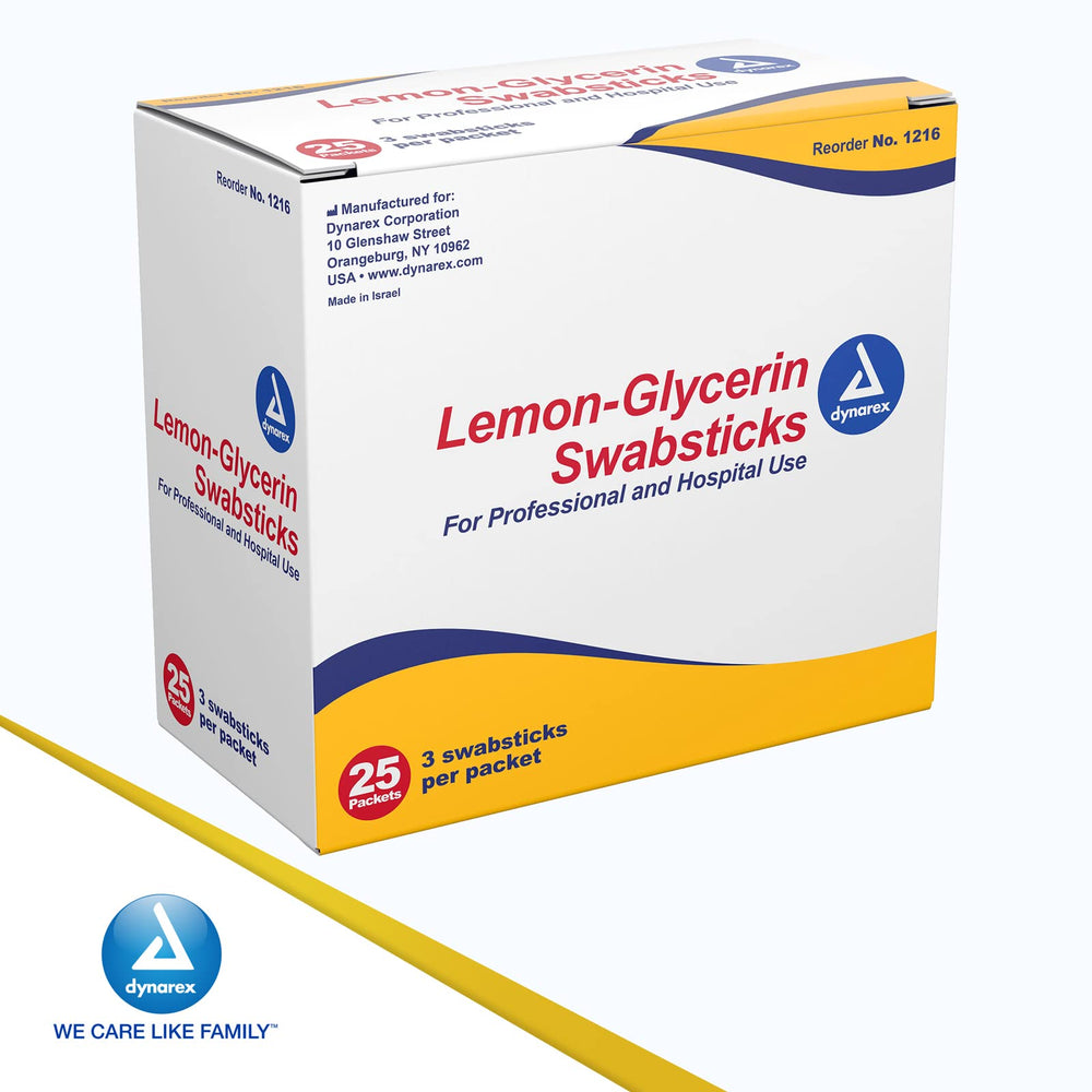 Dynarex palitos limón glicerina en estuche, listos para hospital o clínica.