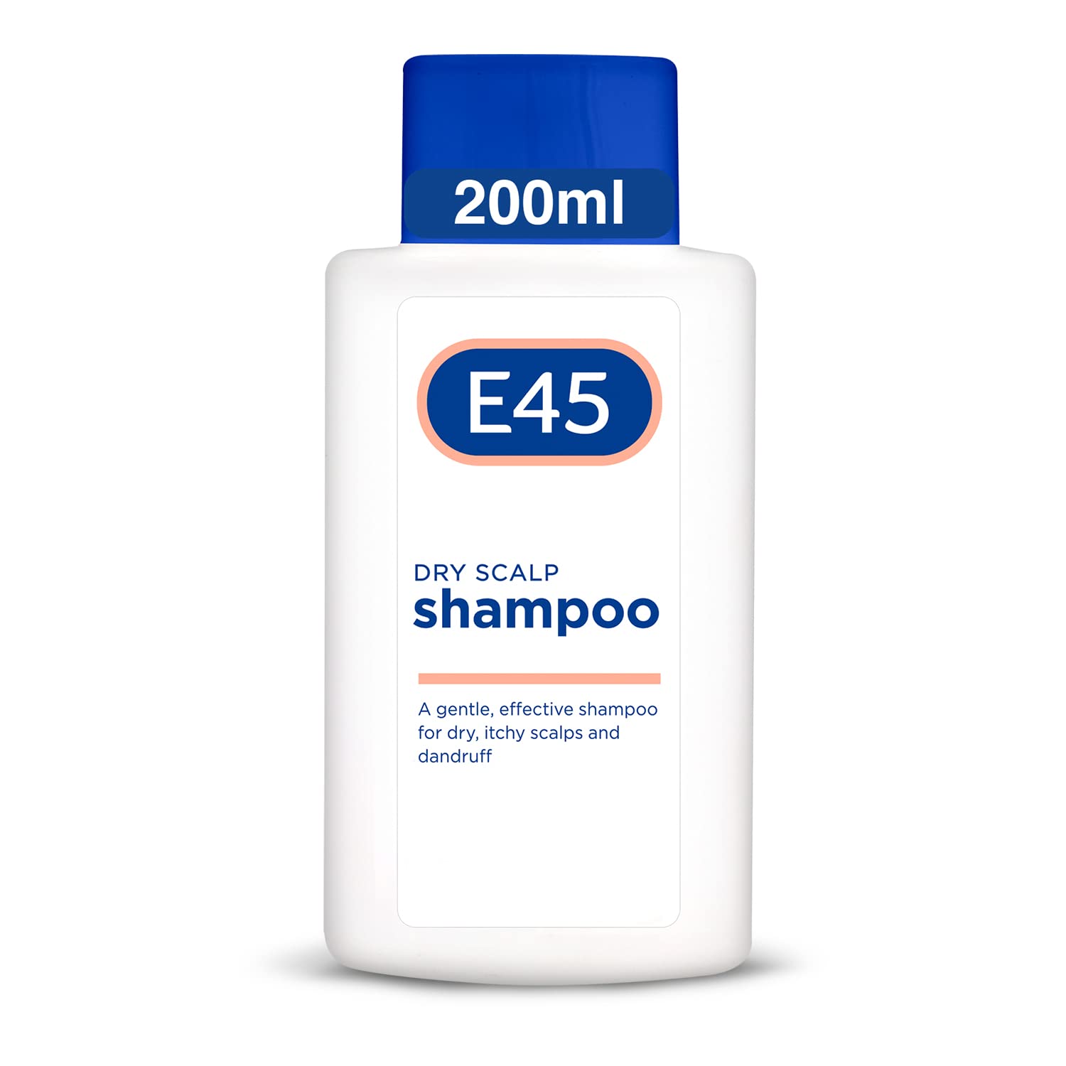 Botella de E45 Shampoo Dermatológico para cabello seco, 200 ml, sin perfume.