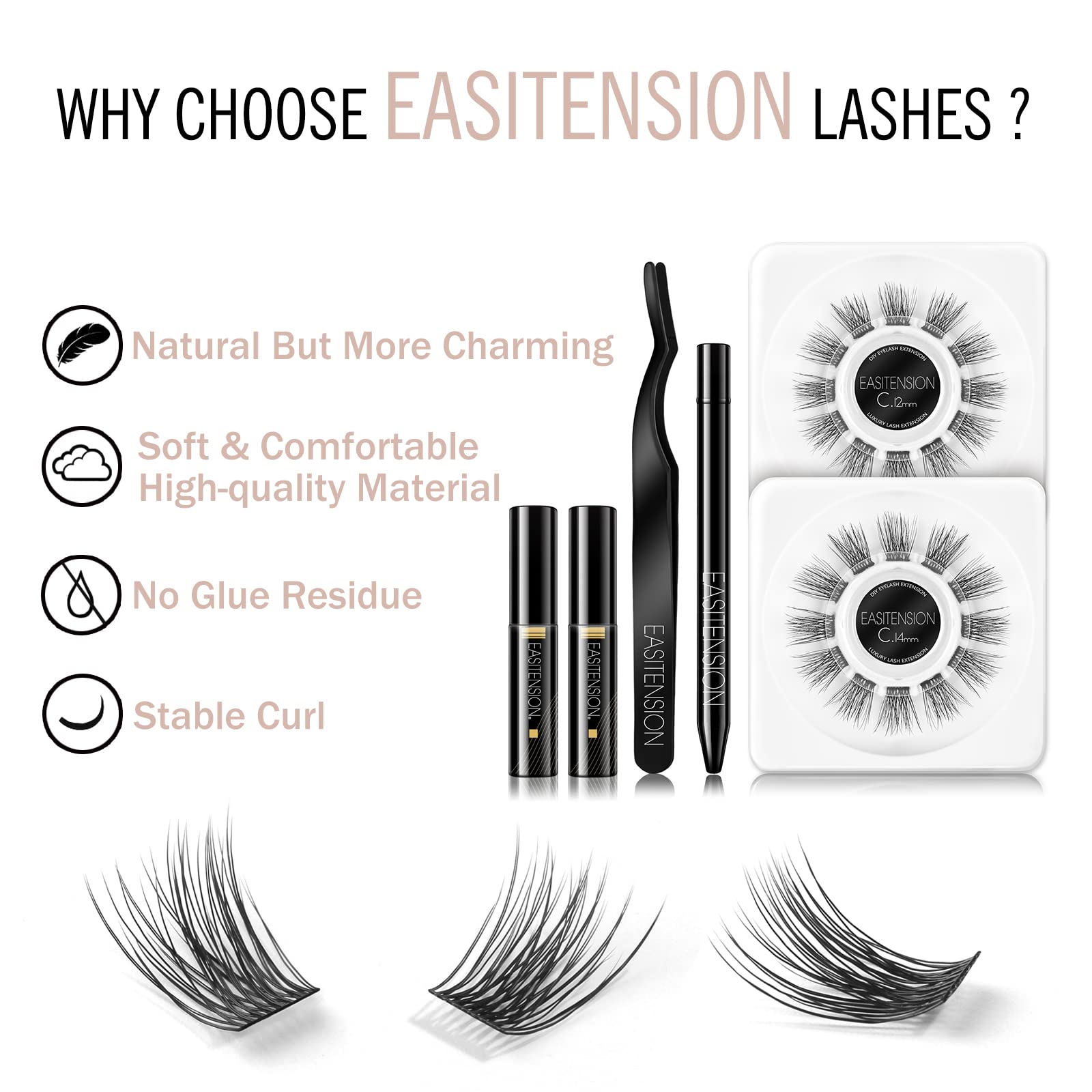 EASITENSION 12mm cluster lashes close-up for customizable volume.