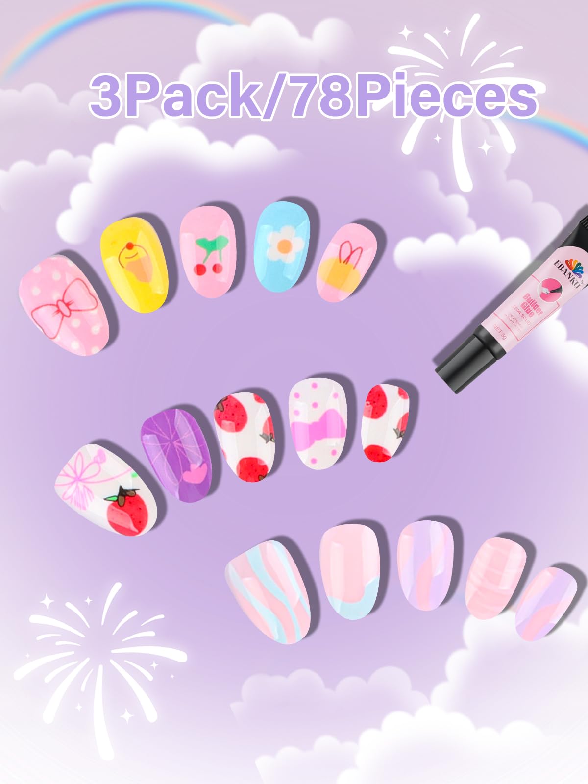 EBANKU diseño con bow tie y fresas para decorar uñas infantiles.