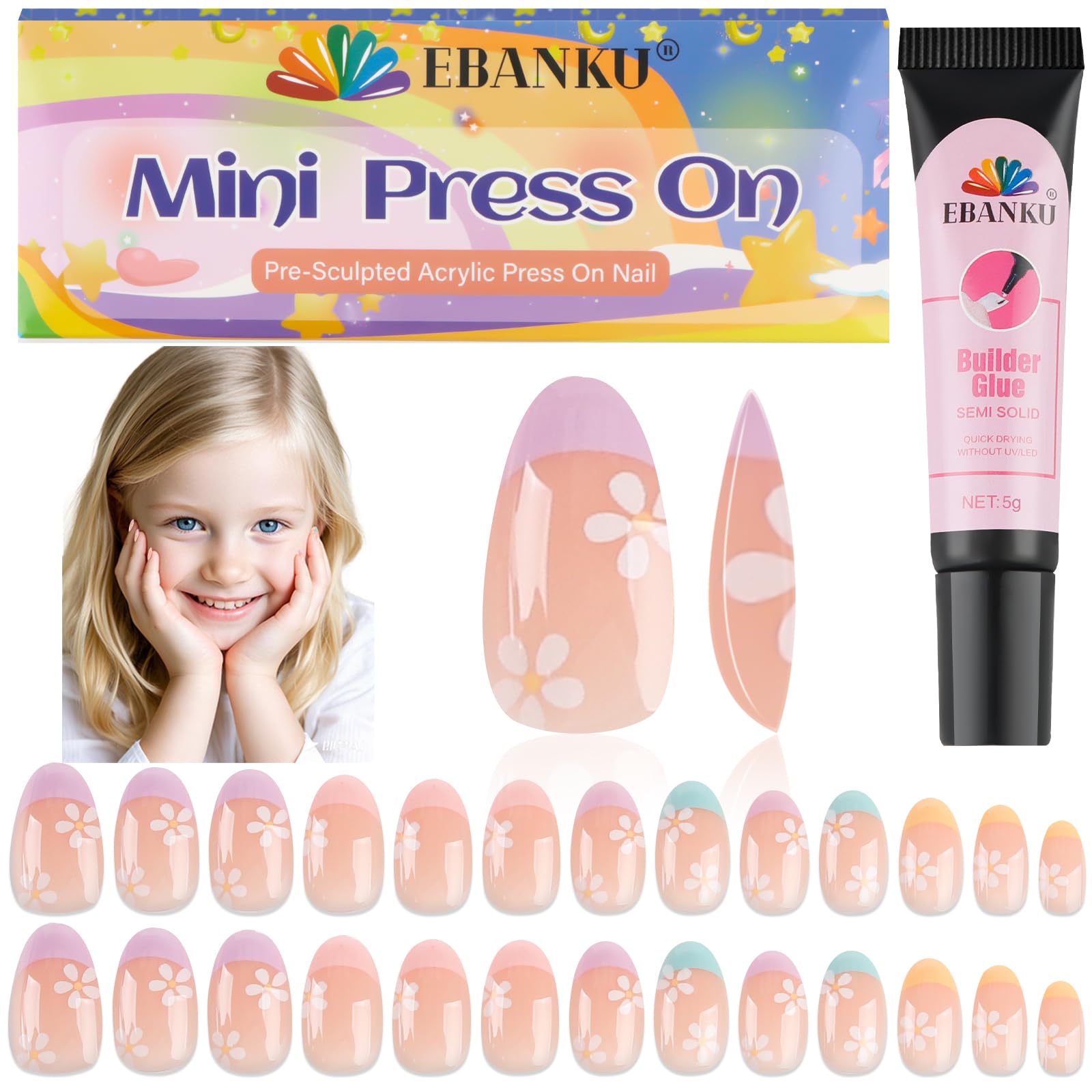 Uñas postizas EBANKU para niñas con diseño rosa flor, ideal para juego seguro.