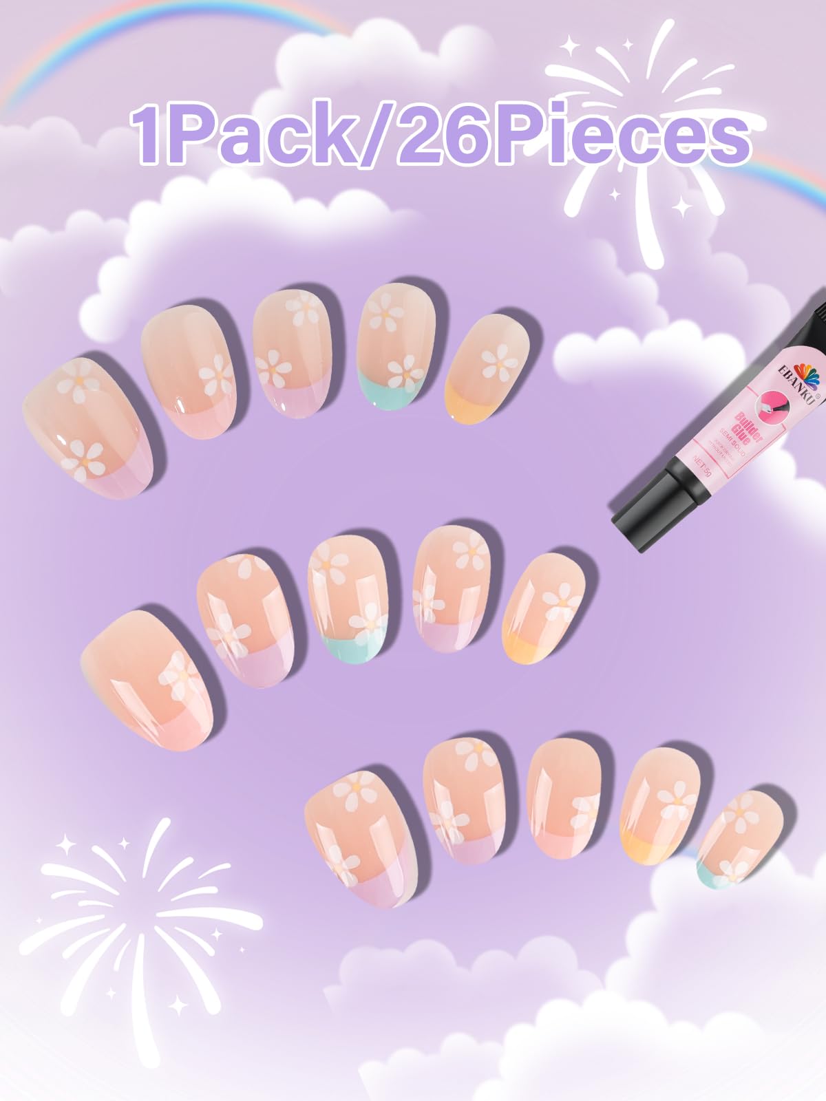 Conjunto con adhesivo incluido para fijar uñas fácilmente.