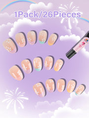 Conjunto con adhesivo incluido para fijar uñas fácilmente.