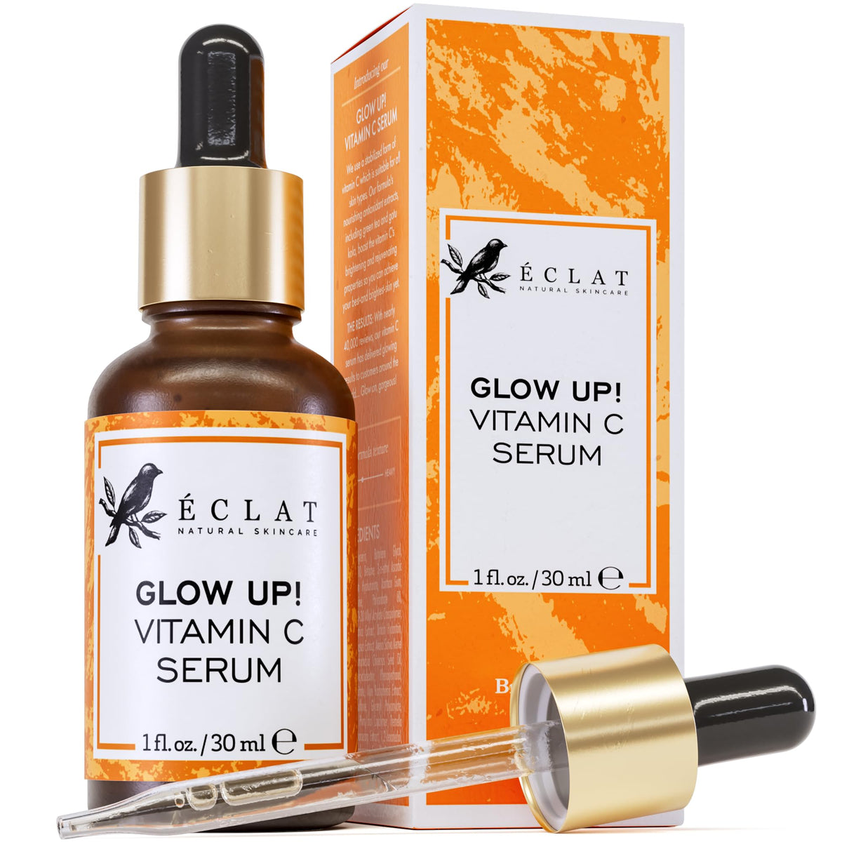Eclat Skincare Vitamin C Serum, botella visible, aporta brillo y luminosidad a la piel.