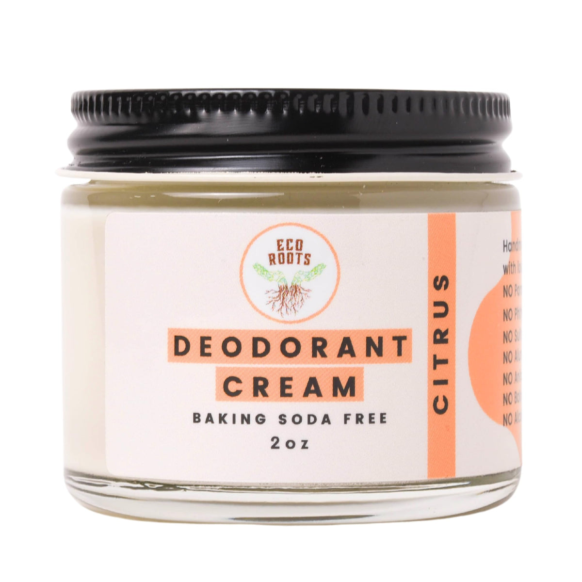 ECO ROOTS deodorant cream bottle close-up highlighting natural ingredients and citrus scent