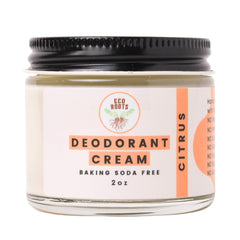 ECO ROOTS deodorant cream bottle close-up highlighting natural ingredients and citrus scent