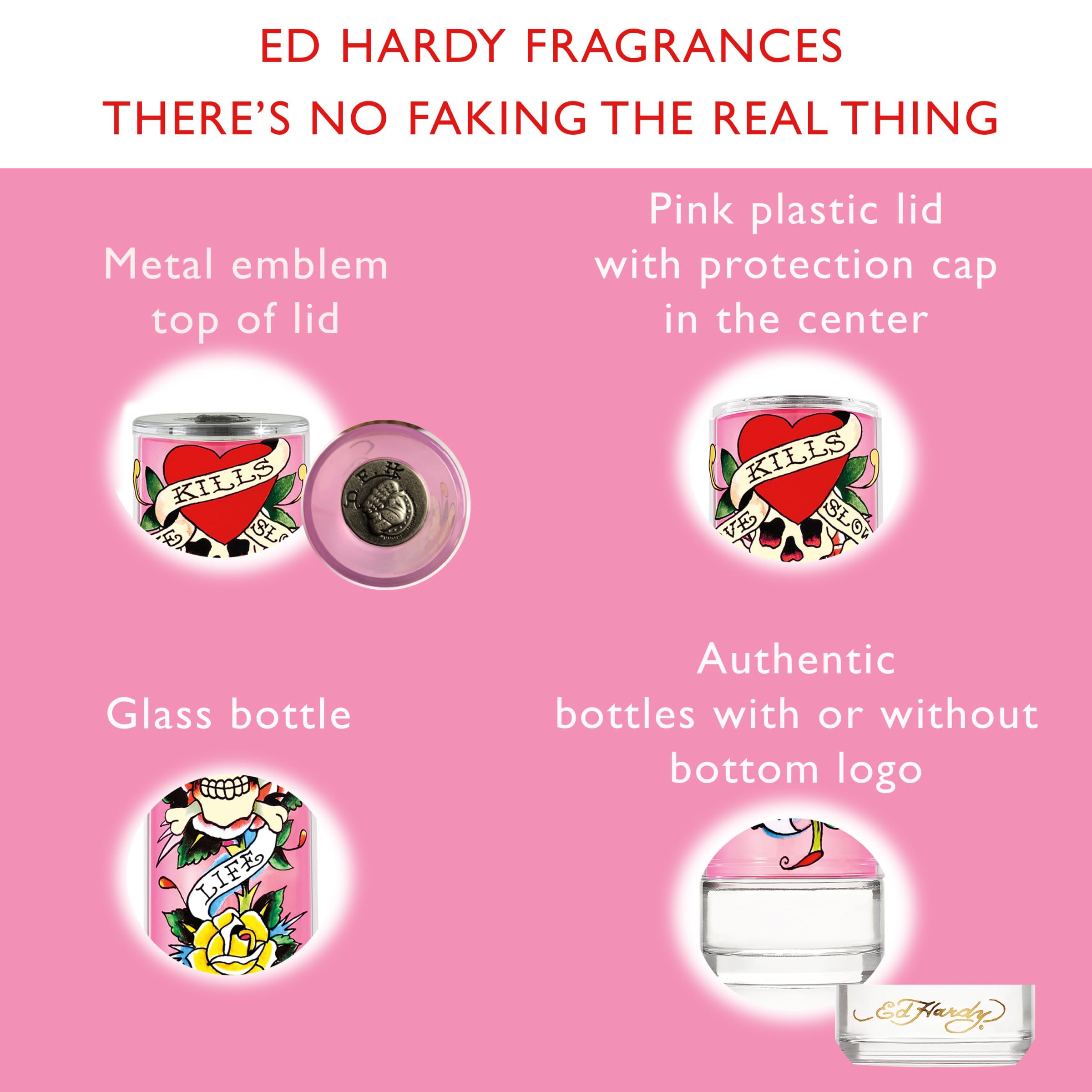 ED HARDY Mujer, frasco en detalle, perfume versátil para oficina o eventos.