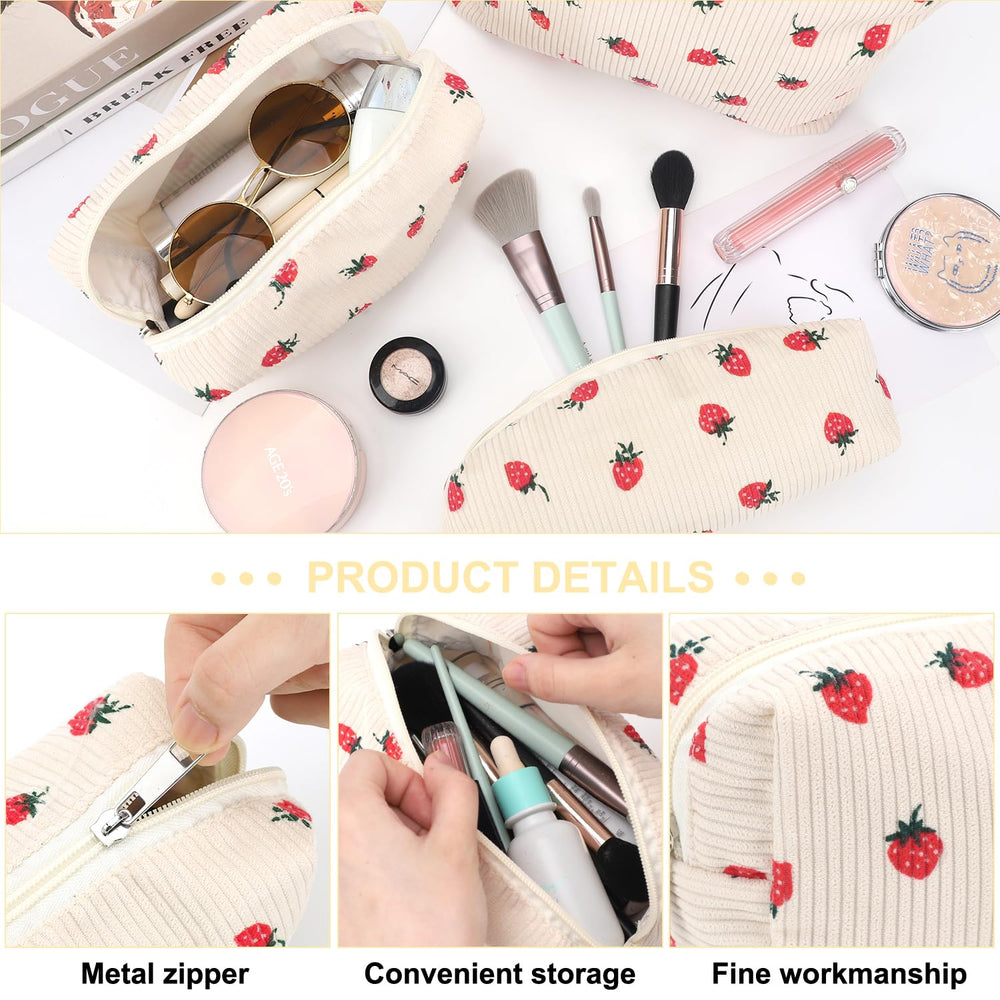 Bolsa de maquillaje multifuncional EIMMBD, beige con fresa, ideal para cosméticos y cepillos.