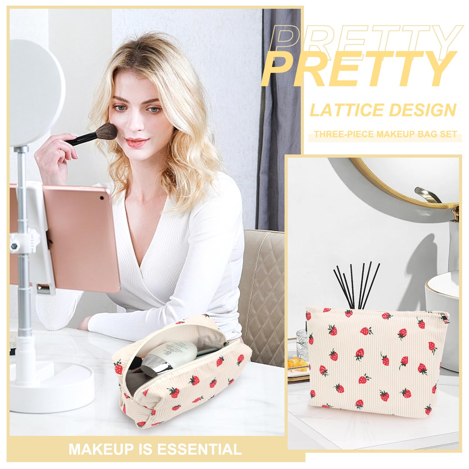 Bolsa de maquillaje portátil EIMMBD, beige con fresa, pensada para uso diario.