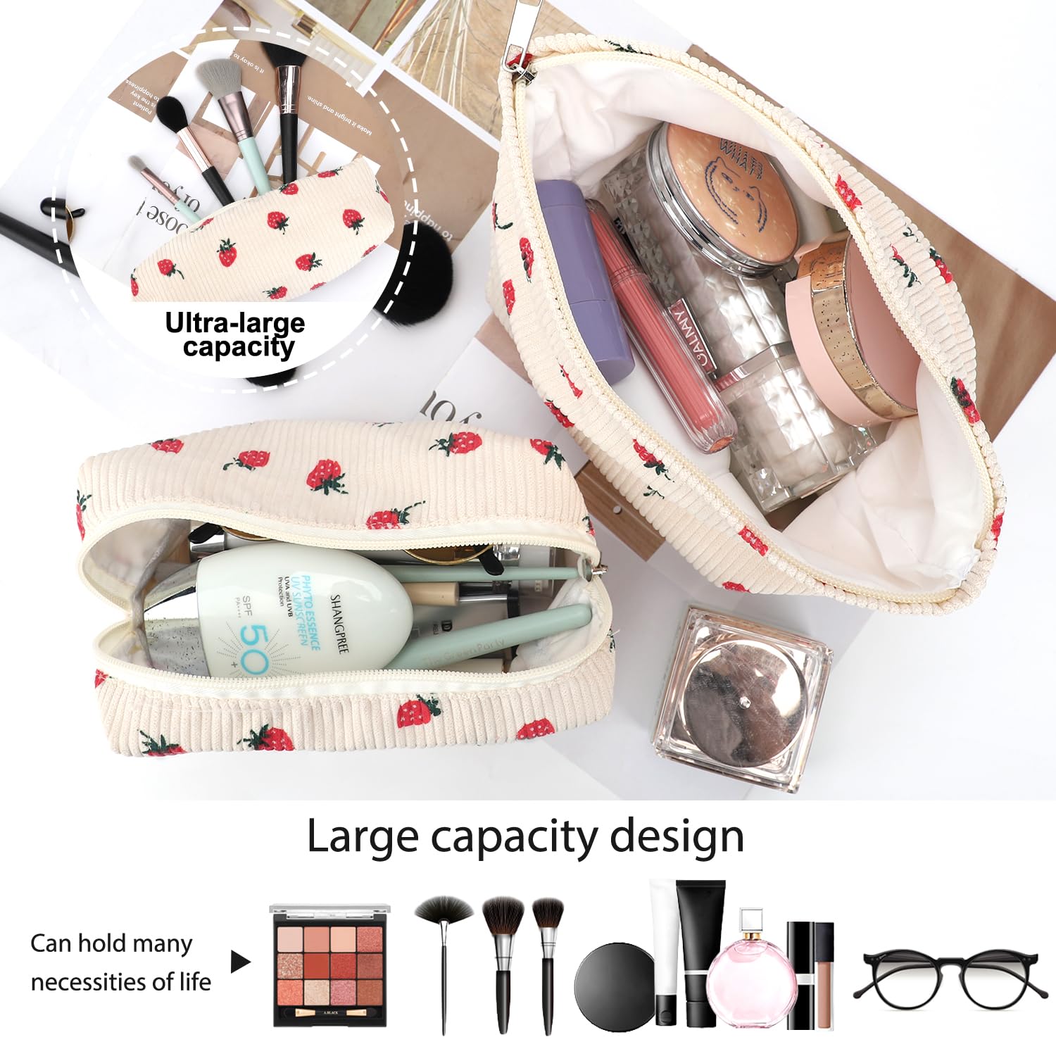 Neceser de viaje EIMMBD grande beige con fresa, acceso rápido a productos.
