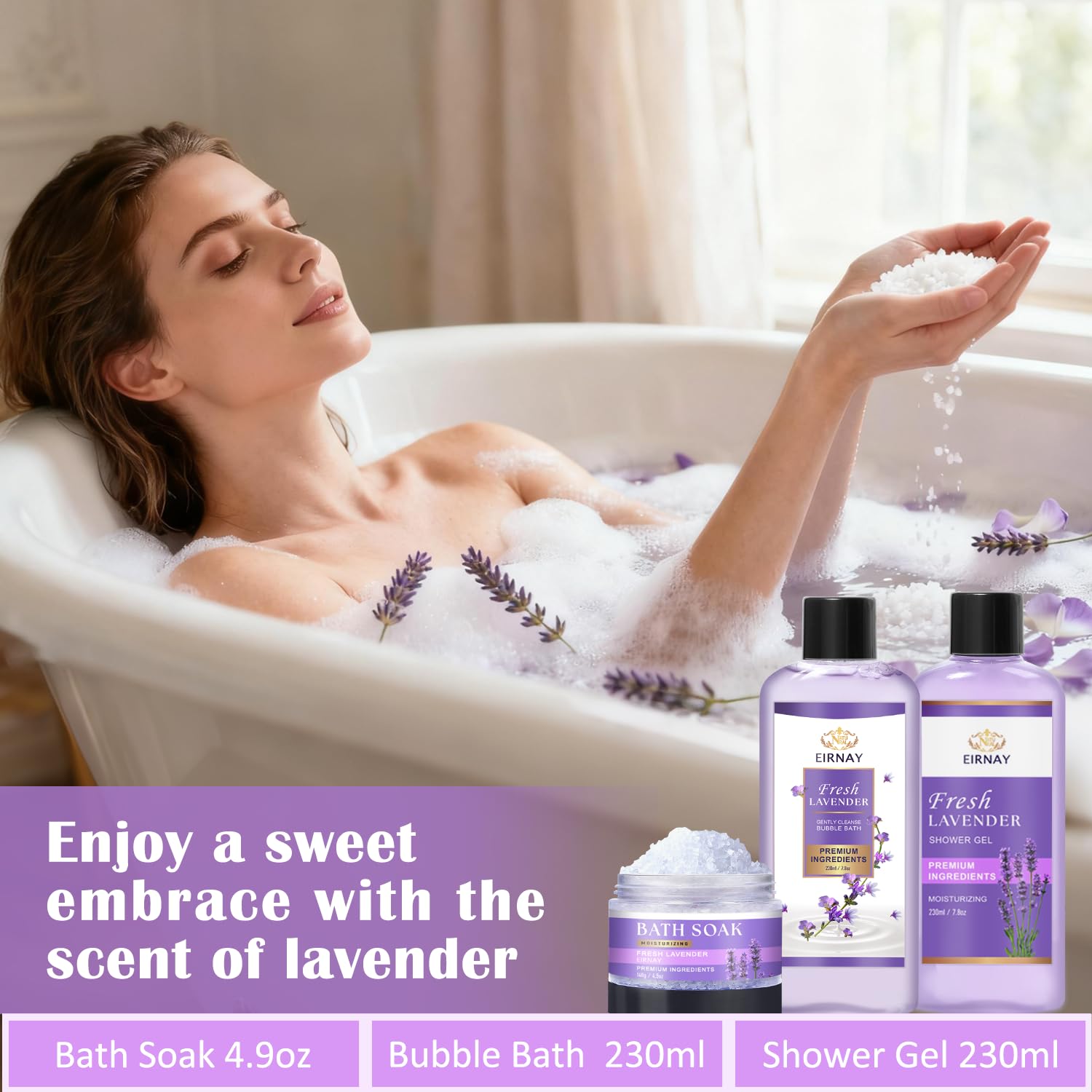 Loción corporal EIRNAY con lavanda para hidratación duradera.