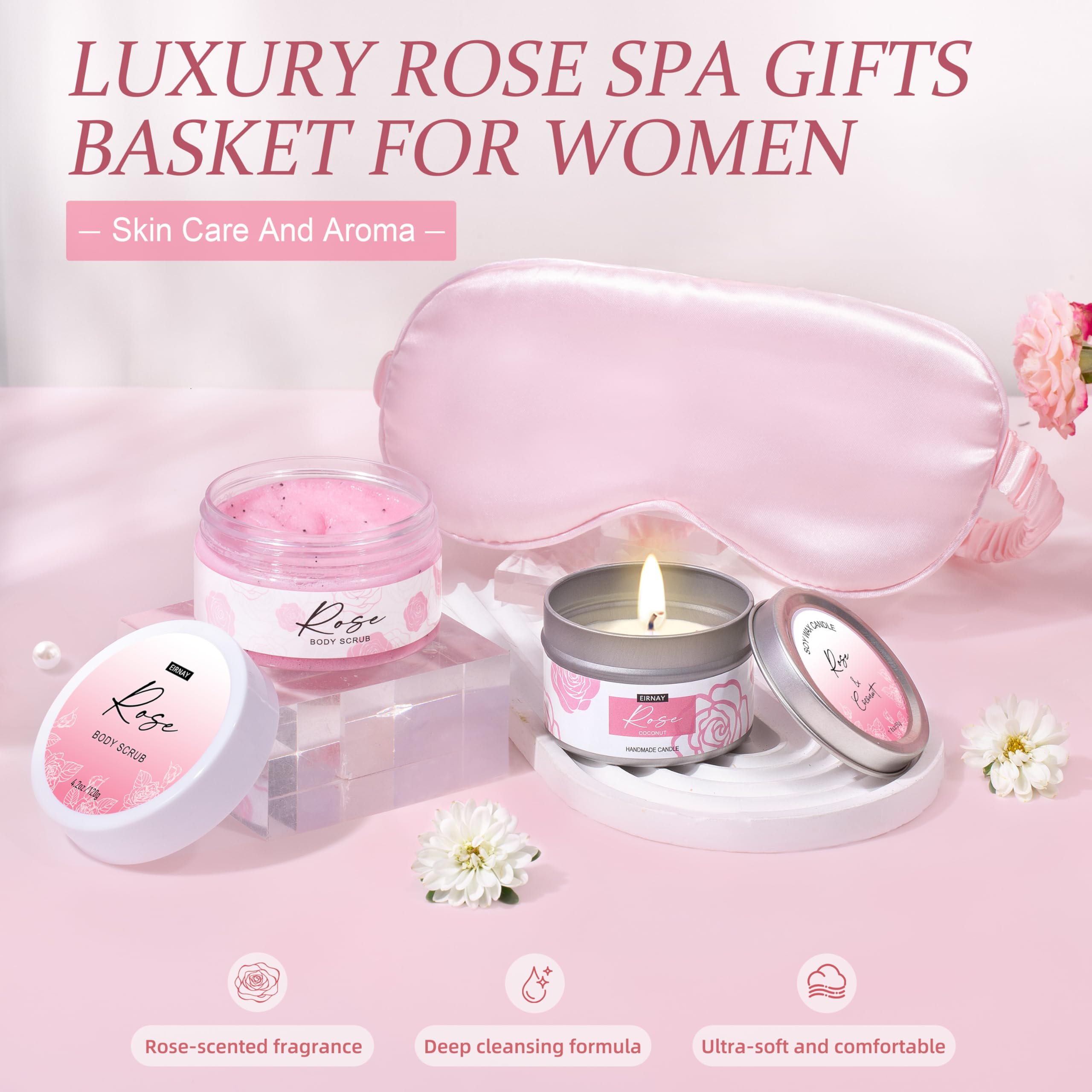 Sales de baño con fragancia a rosas de EIRNAY para relajar la piel y sentidos.