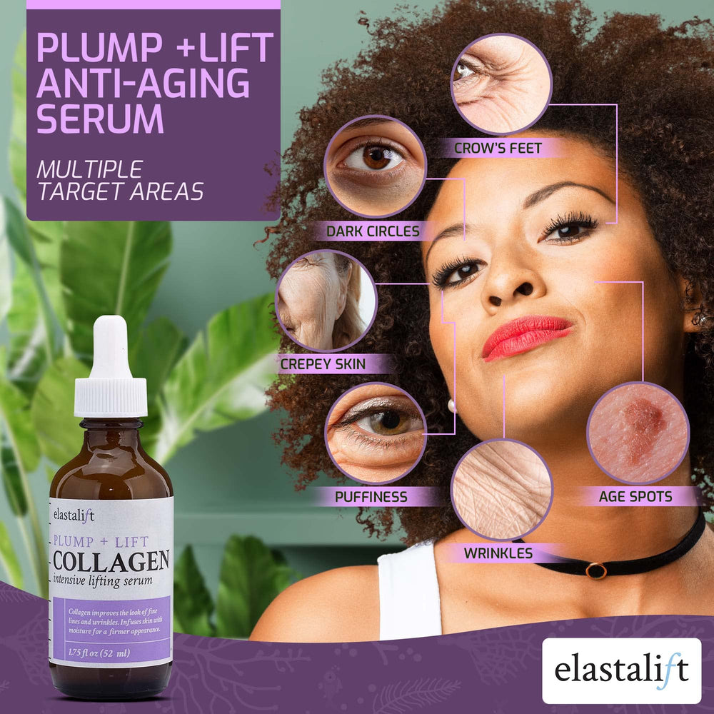 Elastalift collagen serum in-use on cheek shows smooth massage routine.