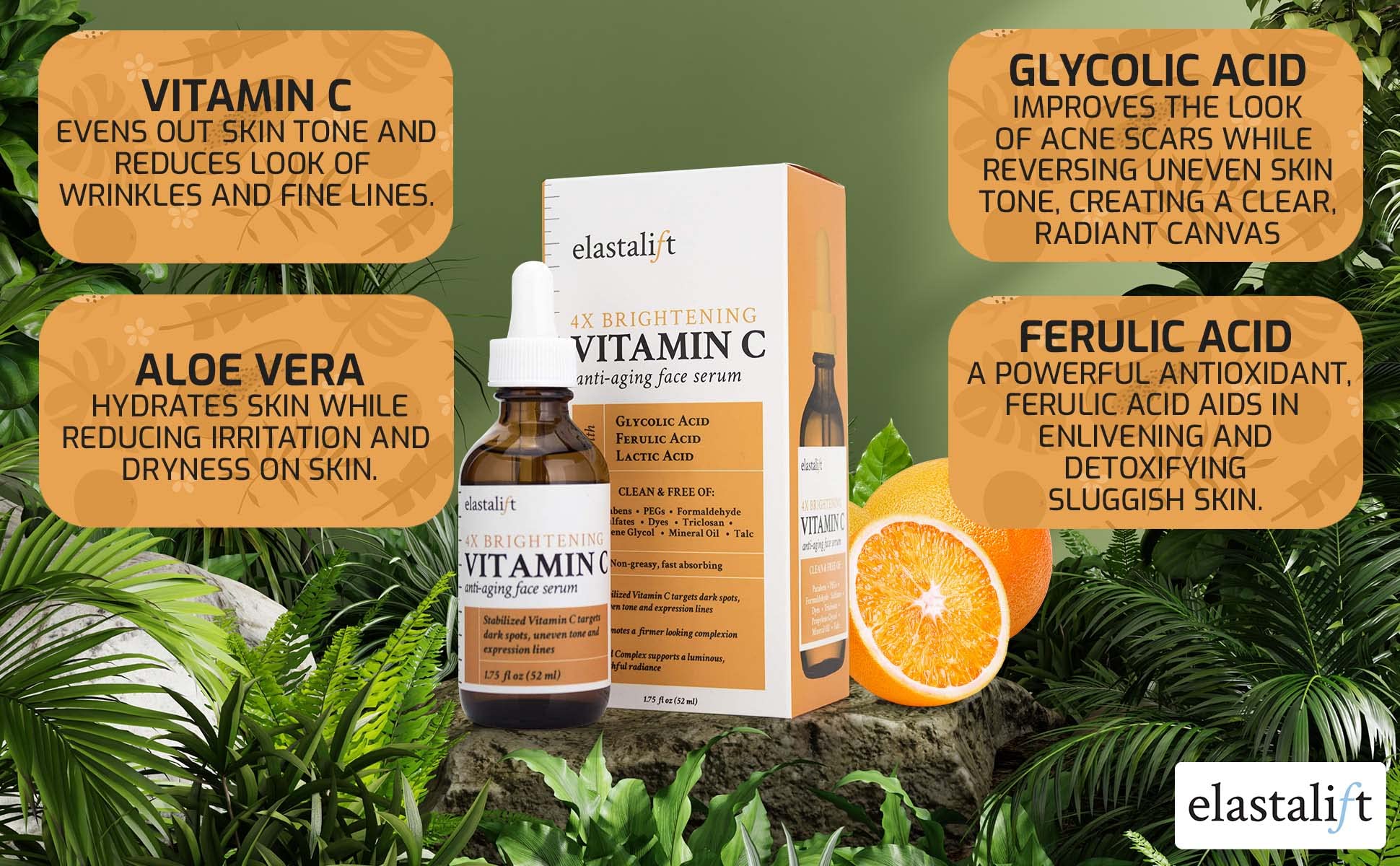 Elastalift vitamin C serum dropper close-up for precise application and even distribution.