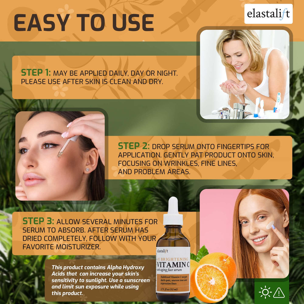Elastalift vitamin C serum ingredients list includes glycolic, ferulic, lactic acids.