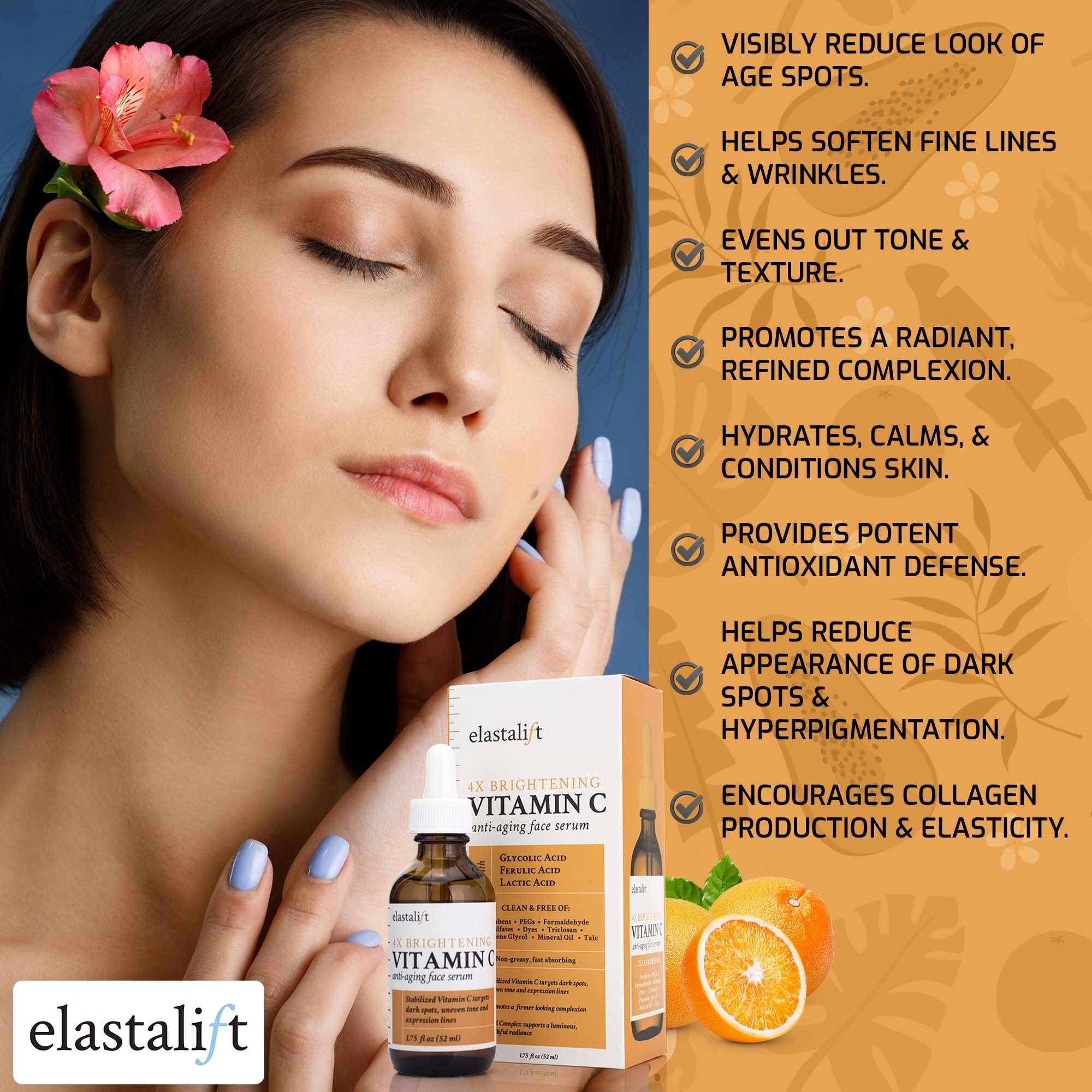 Elastalift vitamin C serum packaging box highlights premium ingredients.