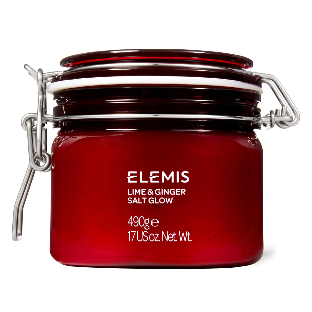 ELEMIS exfoliante de sal con lima y jengibre, foco en el bote, exfolia suavemente