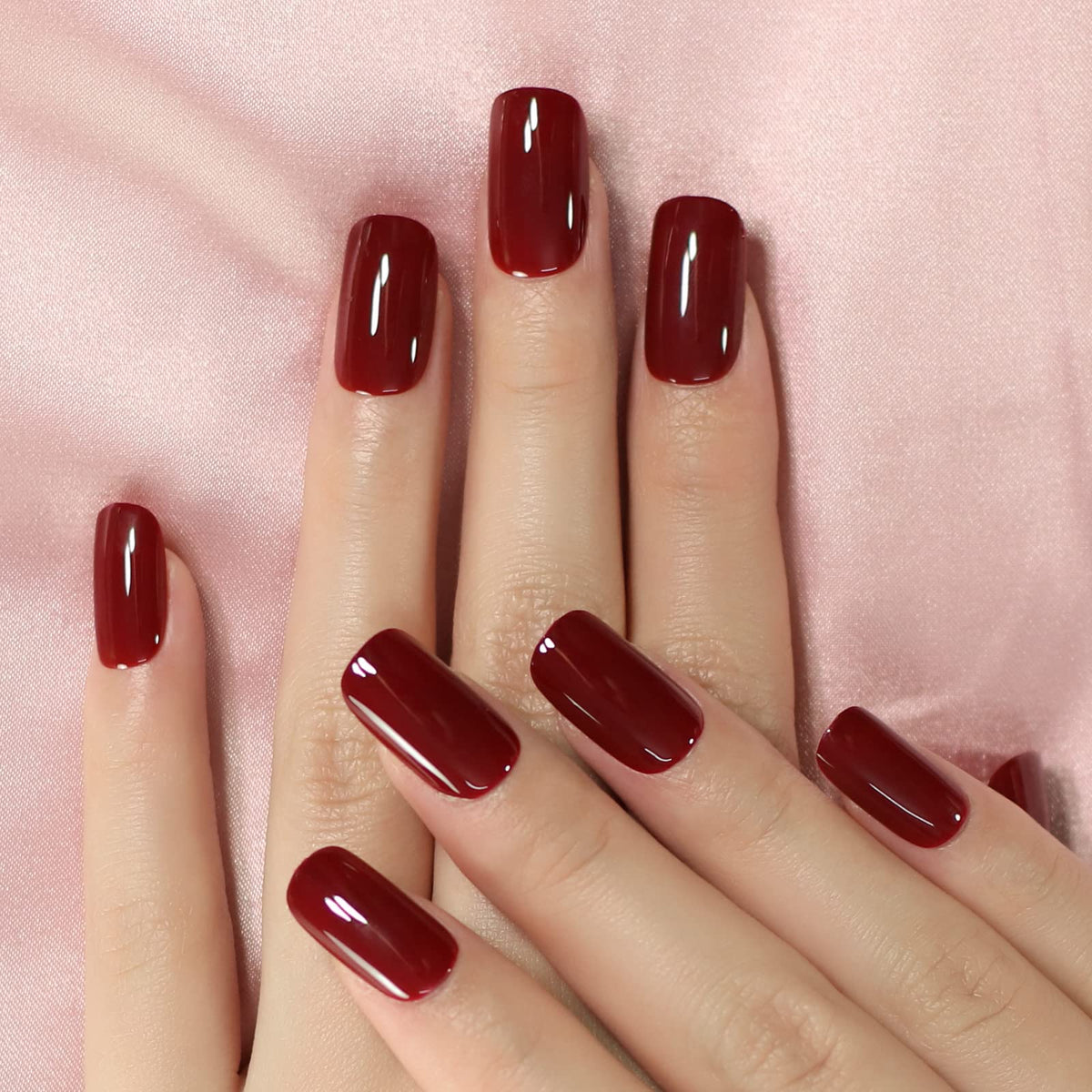 Elevenail uñas postizas brillo vino rojo medio cuadrado, look elegante para evento.