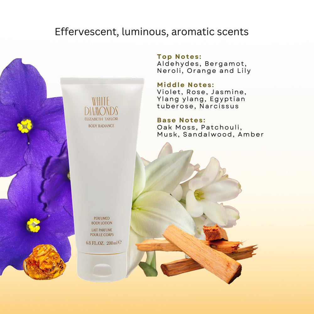 Elizabeth Taylor White Diamonds crema corporal-perfumada, notas florales para experiencia sensorial diaria.