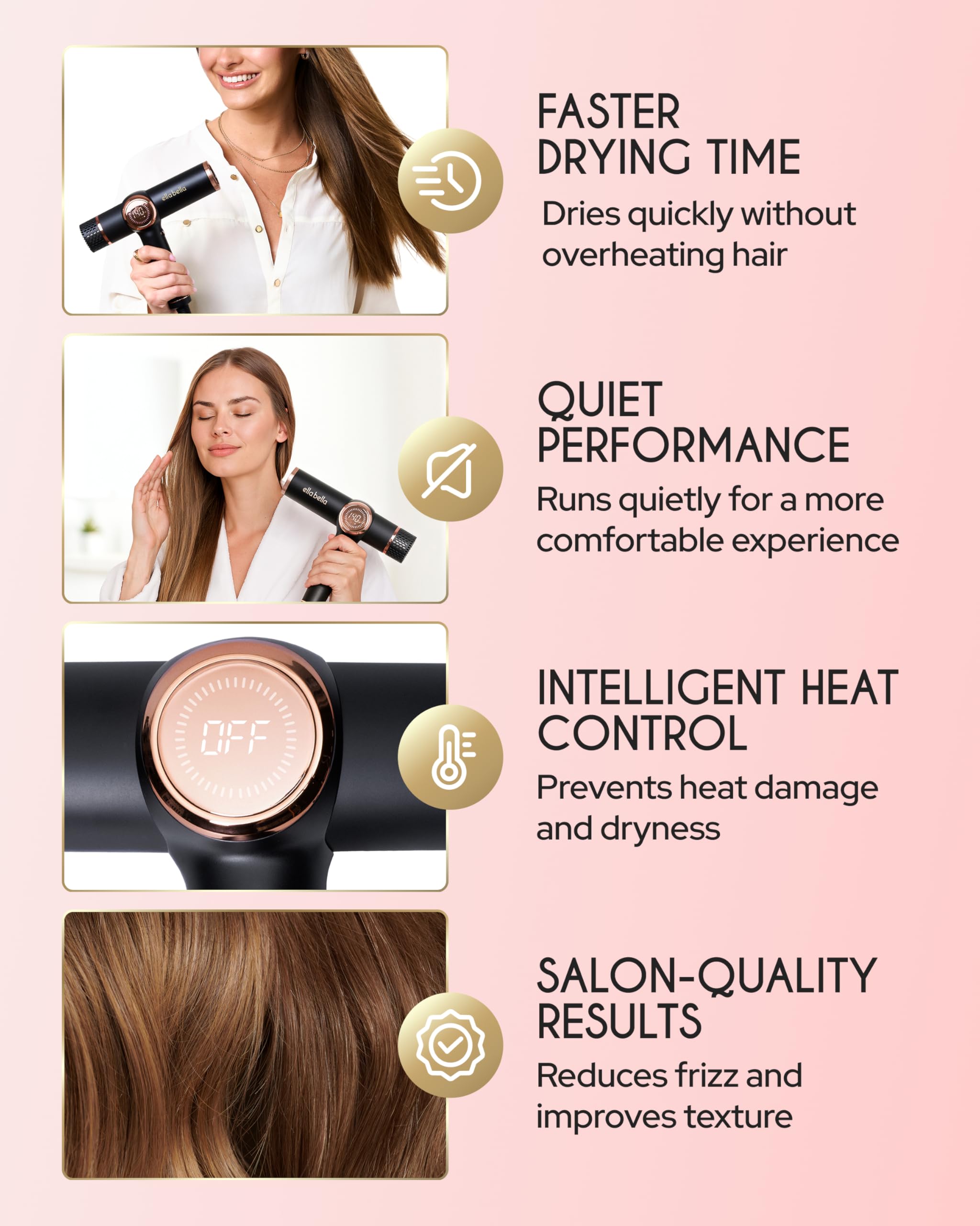 ELLA BELLA secador iónico profesional con control de calor para distintos tipos de cabello