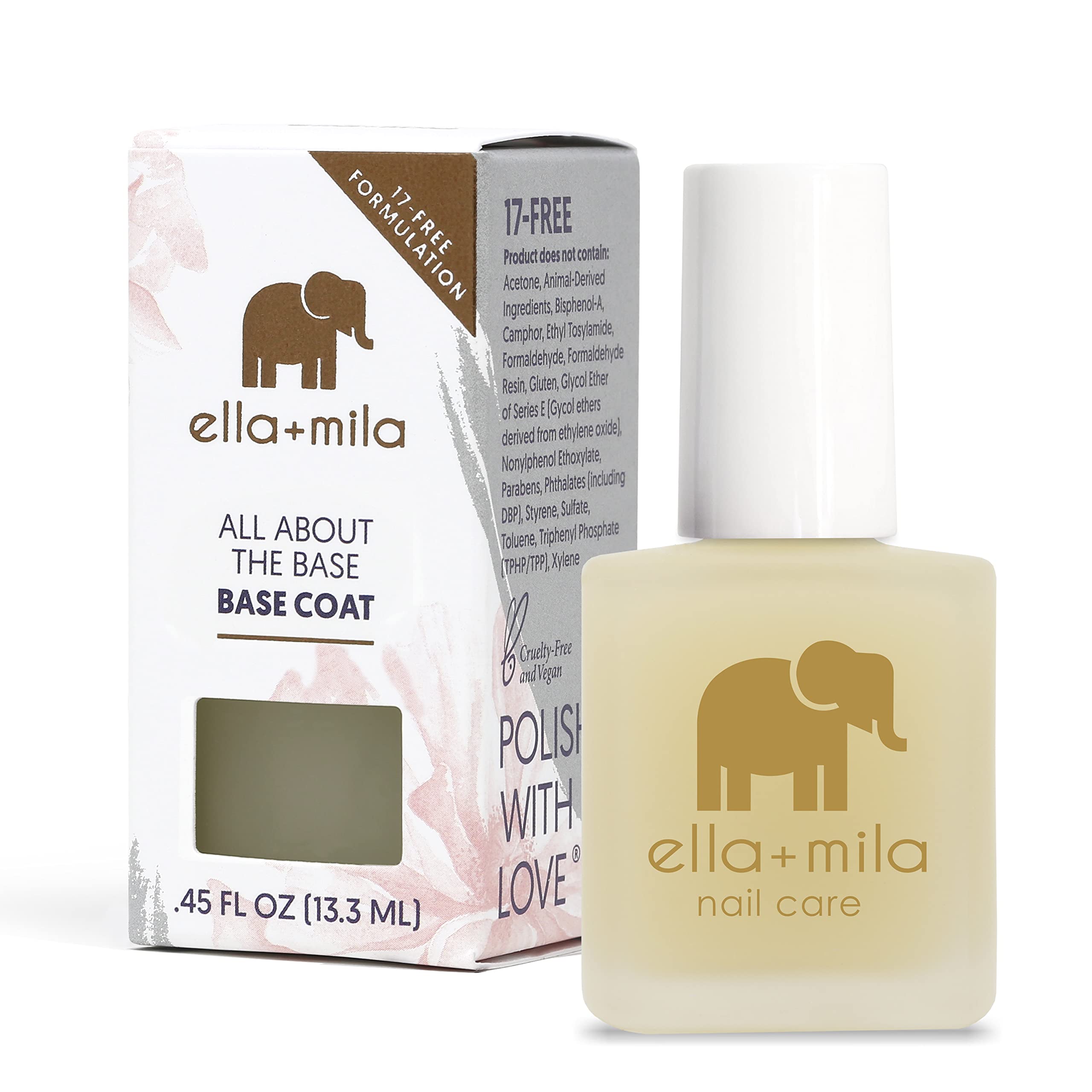 ella+mila capa-base rellenadora sobre botella, prepara una manicura lisa