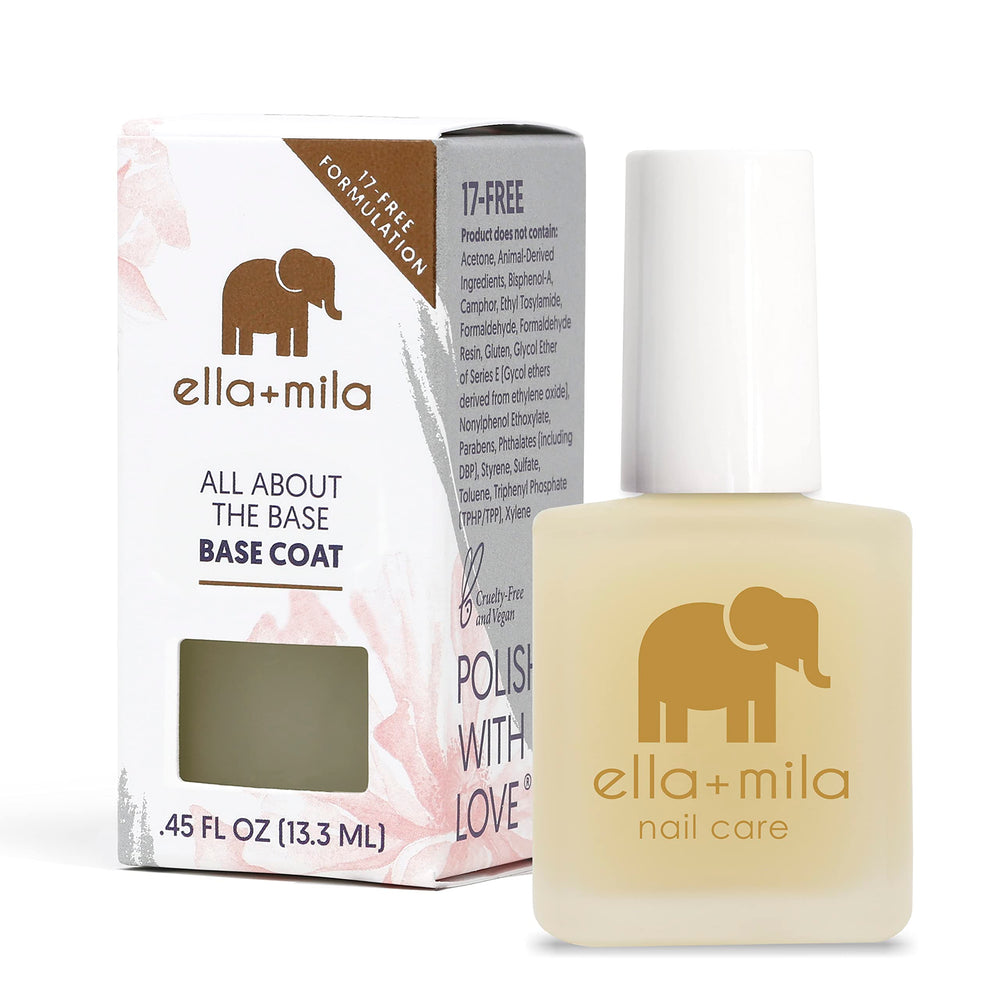 ella+mila capa-base rellenadora sobre botella, prepara una manicura lisa