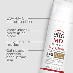 EltaMD UV Clear Tintado FPS 46, textura ligera para piel sensible y propensa a acné.