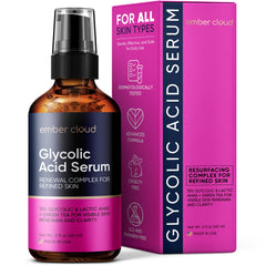 Ember Cloud Sérum glicólico 15% en botella exfolia suavemente para tono más uniforme.