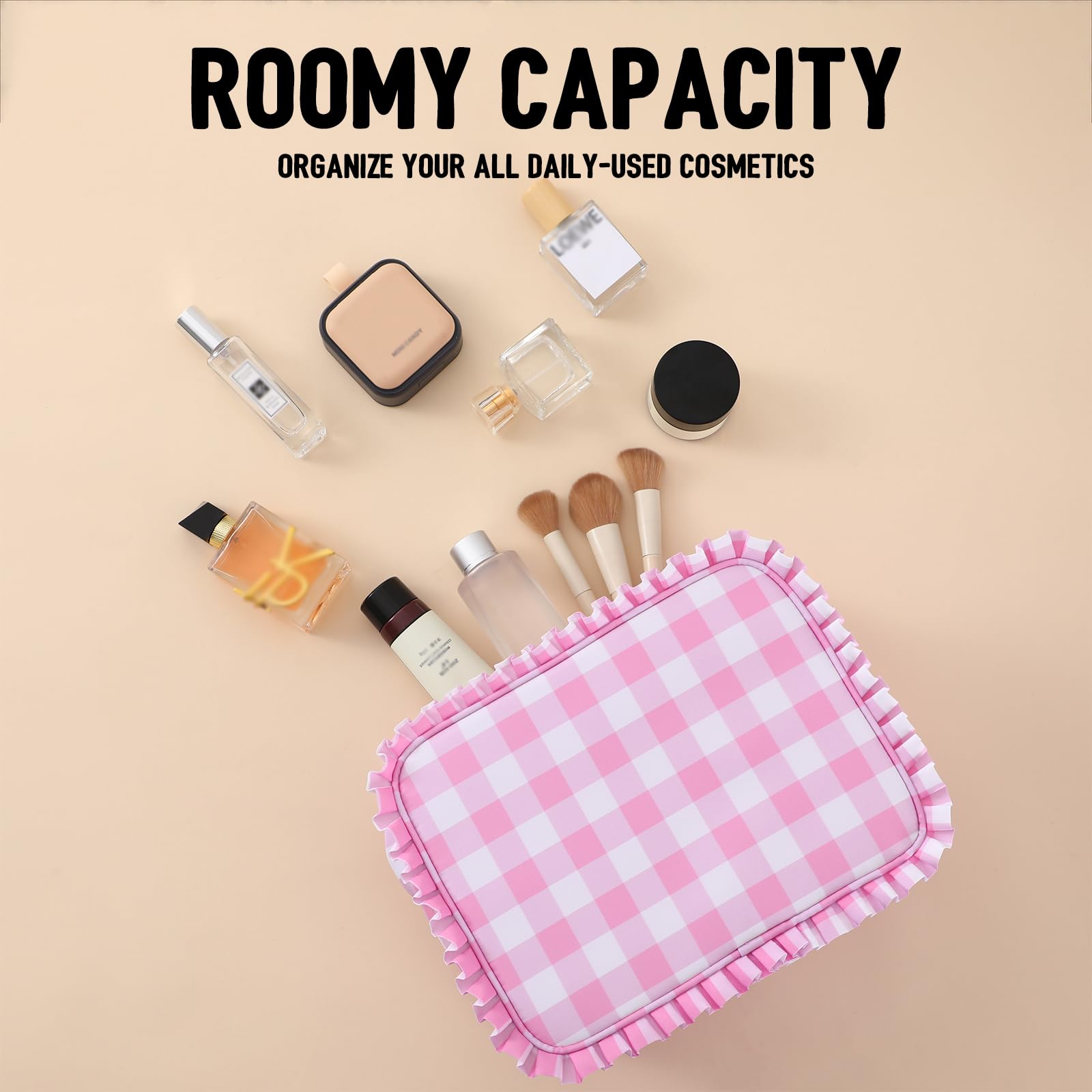 EMBRUNIOICE bolsa de maquillaje rosa vichy, interior espacioso para cosméticos y artículos de viaje.