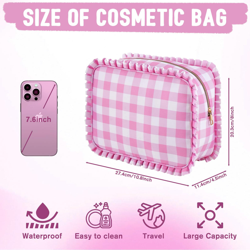 EMBRUNIOICE bolsa maquillaje rosa vichy, regalo práctico para Navidad o Día de la Madre.